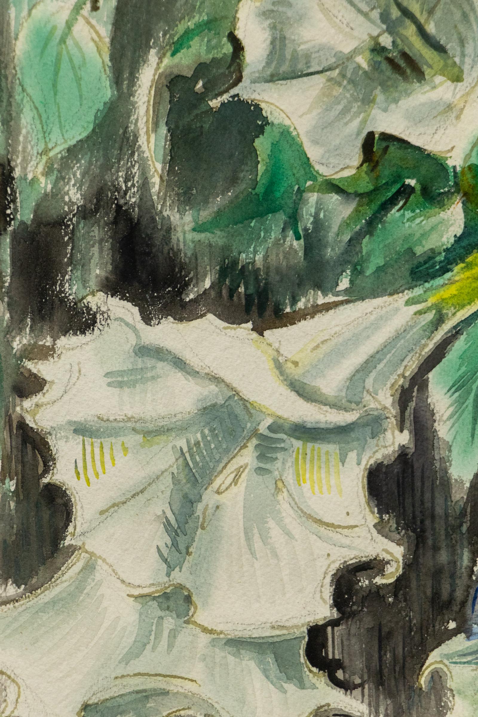 Datura Stramonium, 20th Century Still Life Watercolor with Flowers in a Vase - Brown Still-Life Painting by Werner Drewes