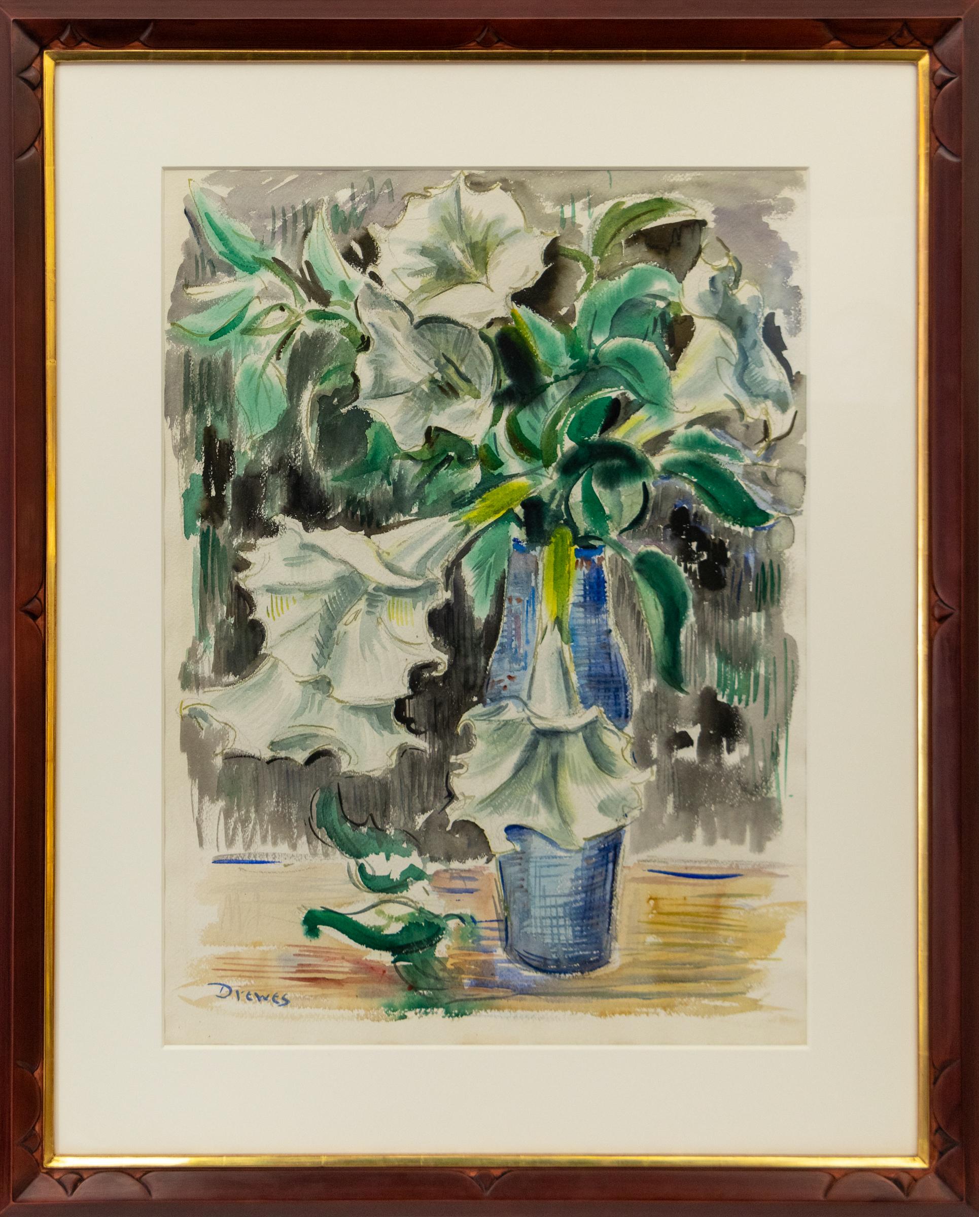 Datura Stramonium, 20th Century Still Life Watercolor with Flowers in a Vase - Painting by Werner Drewes