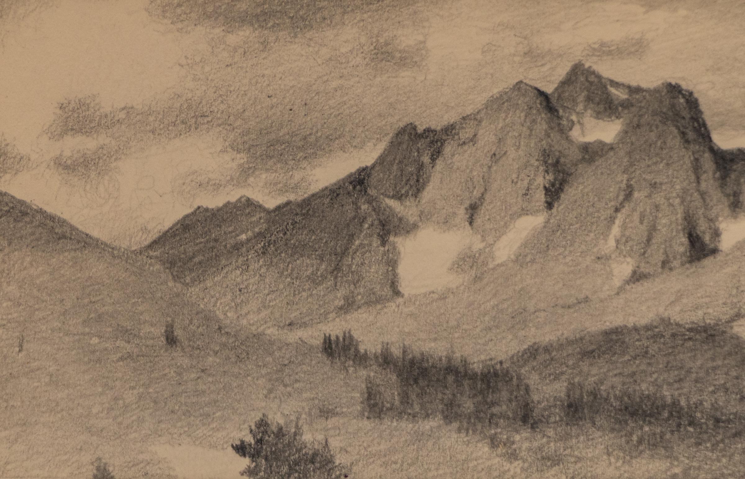 Este dibujo original de un paisaje realizado con grafito hacia 1910 es una obra rara e íntima del célebre artista de Colorado Charles Partridge Adams (1858-1942), célebre por su dominio del Oeste americano. Ejecutada con delicada precisión, la