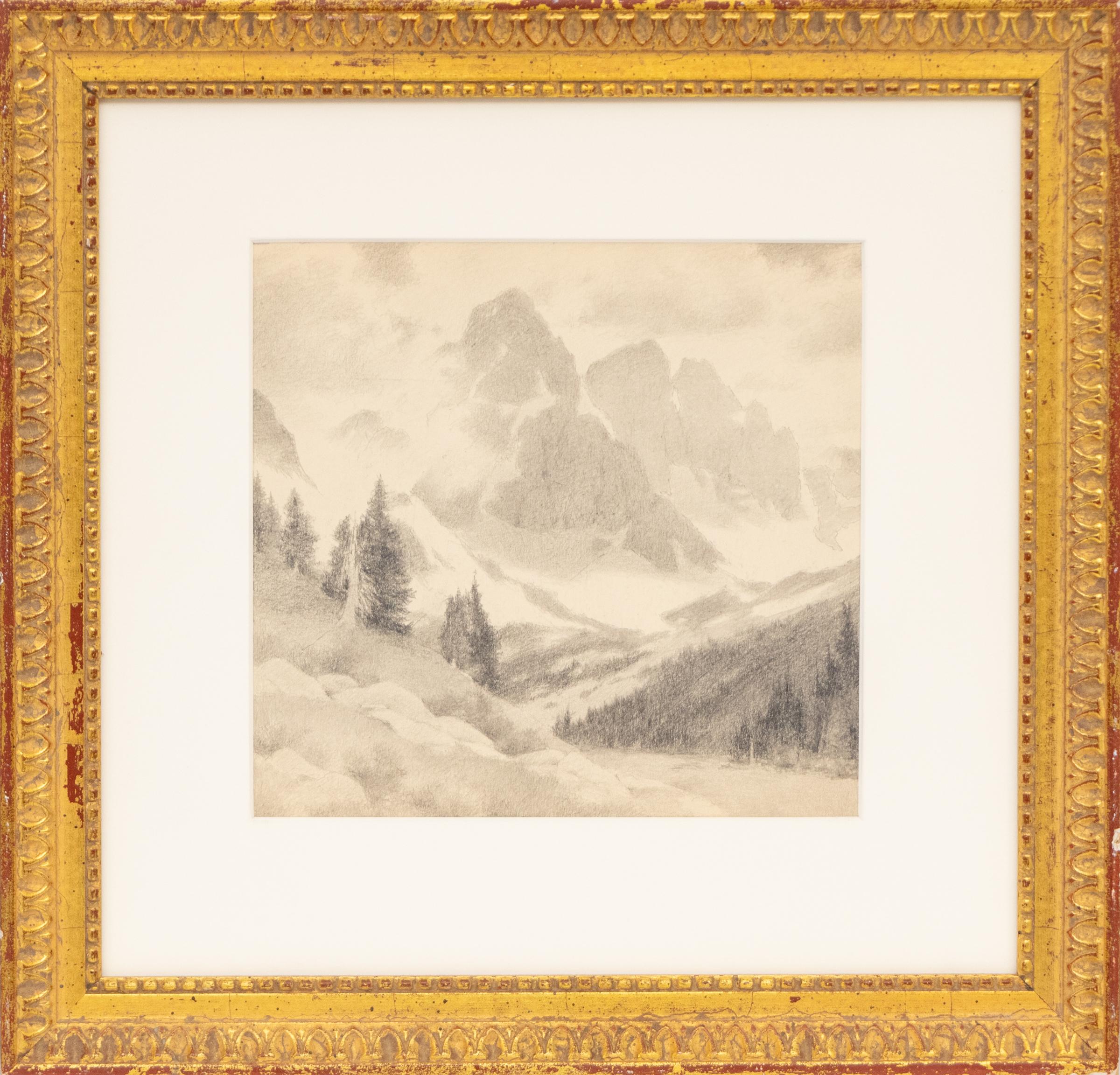 Crestone Peaks, Süd-Colorado Feldskizze, 1910 Plein Air Graphit-Zeichnung – Art von Charles Partridge Adams