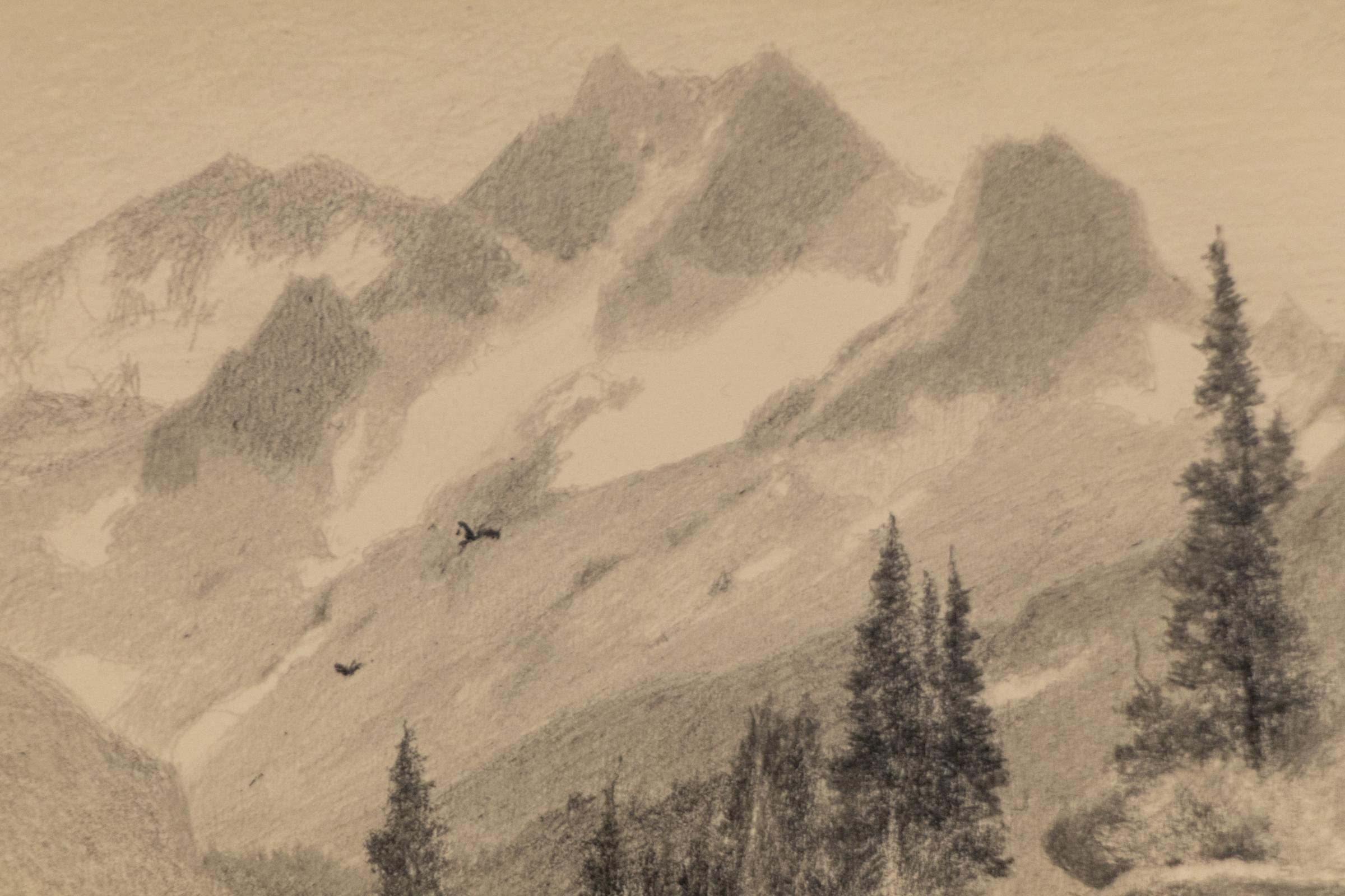 Paisaje montañoso de Colorado con pájaros, boceto de campo en grafito Plein Air - Art impresionista estadounidense de Charles Partridge Adams
