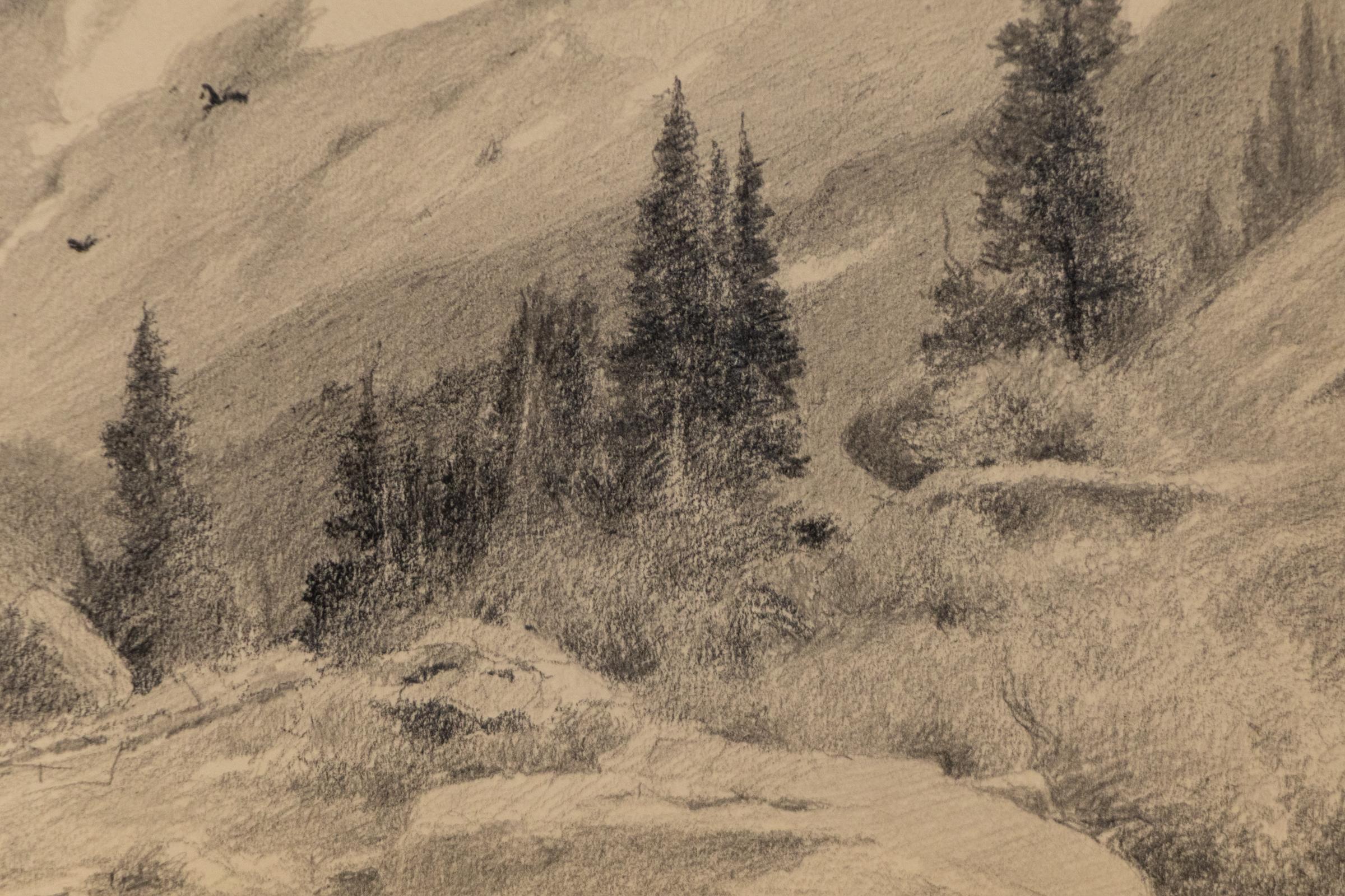 Un dibujo original a grafito de principios del siglo XX del aclamado paisajista de Colorado Charles Partridge Adams (1858-1942). Esta evocadora composición muestra a dos pájaros que se elevan sobre un espectacular paisaje montañoso, con picos