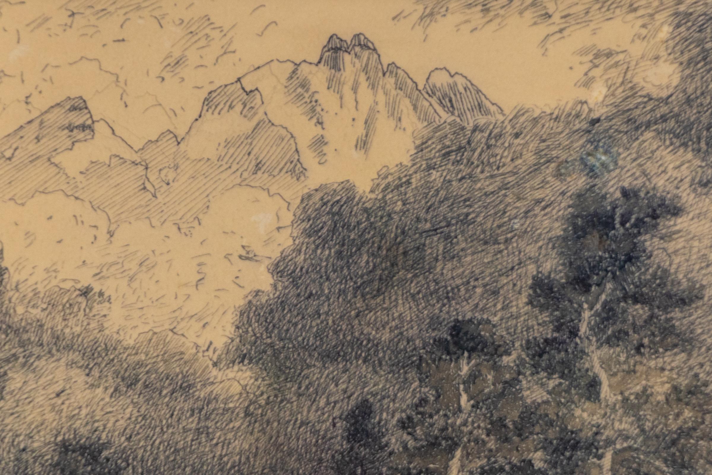 Storm in the Rockies, Colorado Mountain Landscape, Plein Air Ink Field Drawing - American Impressionist Art by Charles Partridge Adams