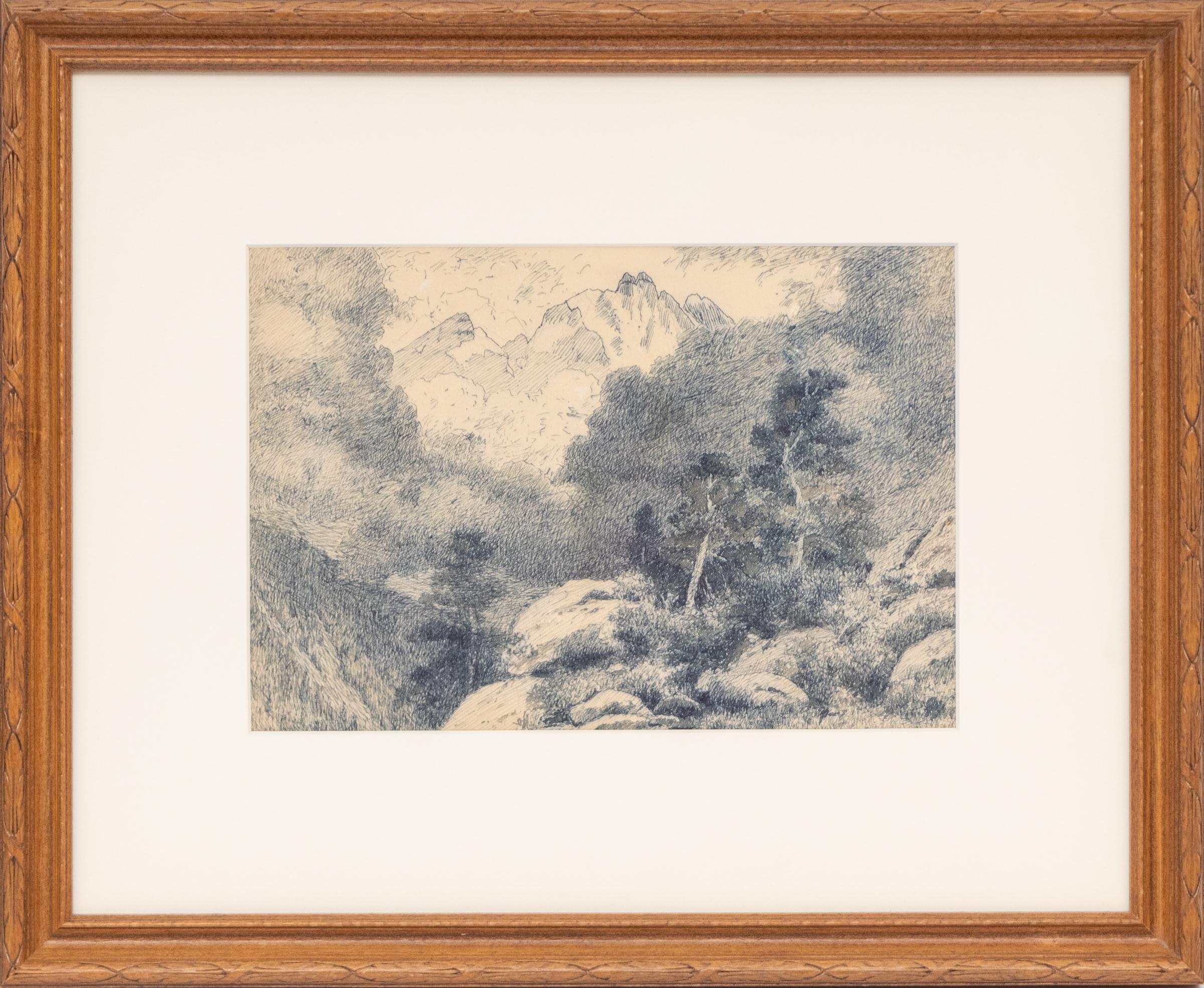 Storm in the Rockies, Colorado Mountain Landscape, Plein Air Ink Field Drawing For Sale 1