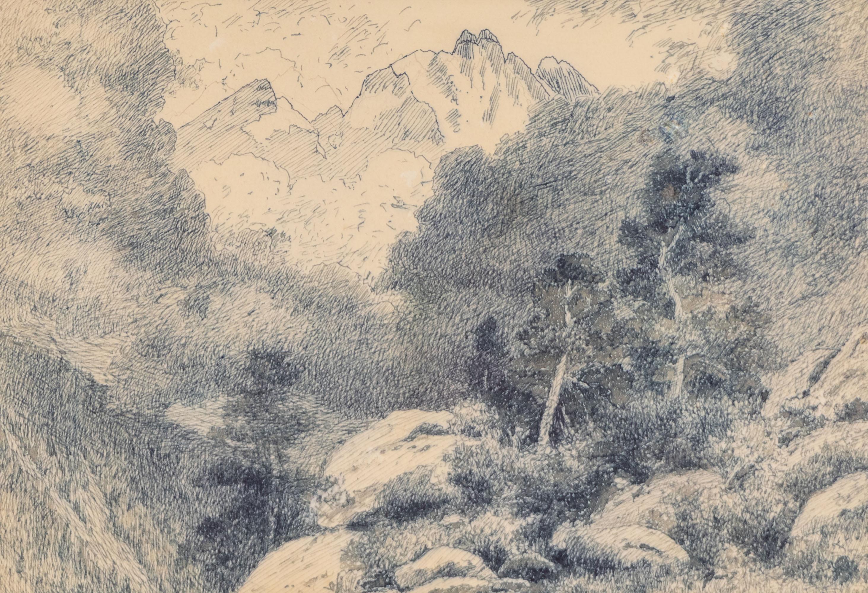 Storm in the Rockies, Colorado Mountain Landscape, Plein Air Ink Field Zeichnung – Art von Charles Partridge Adams