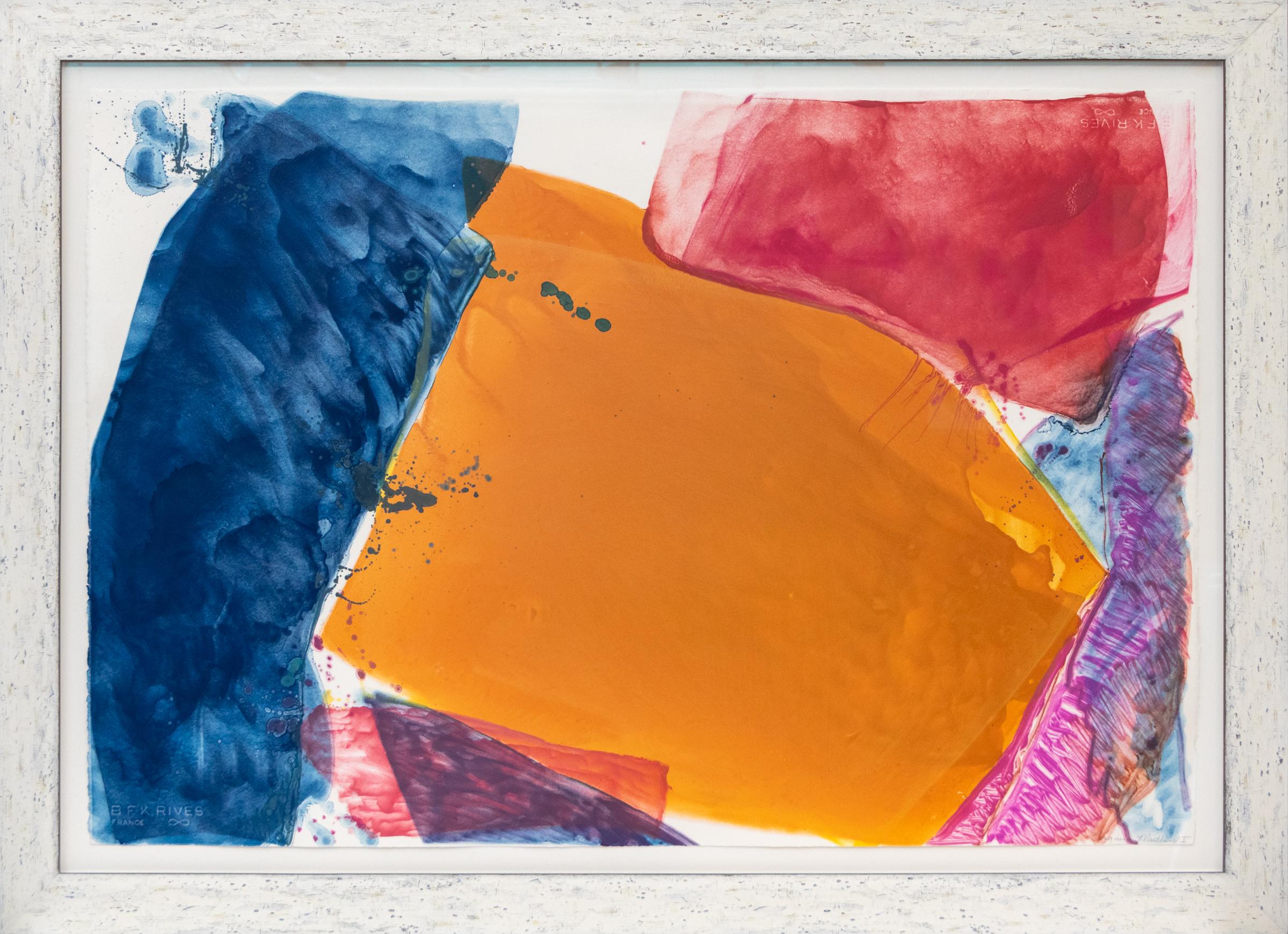 Ein beeindruckendes, großformatiges, abstraktes Aquarell der zeitgenössischen amerikanischen Künstlerin Virginia Maitland (geb. 1947) aus dem Jahr 1980. Maitland ist bekannt für ihren ausdrucksstarken Einsatz von Farben und ihre dynamischen