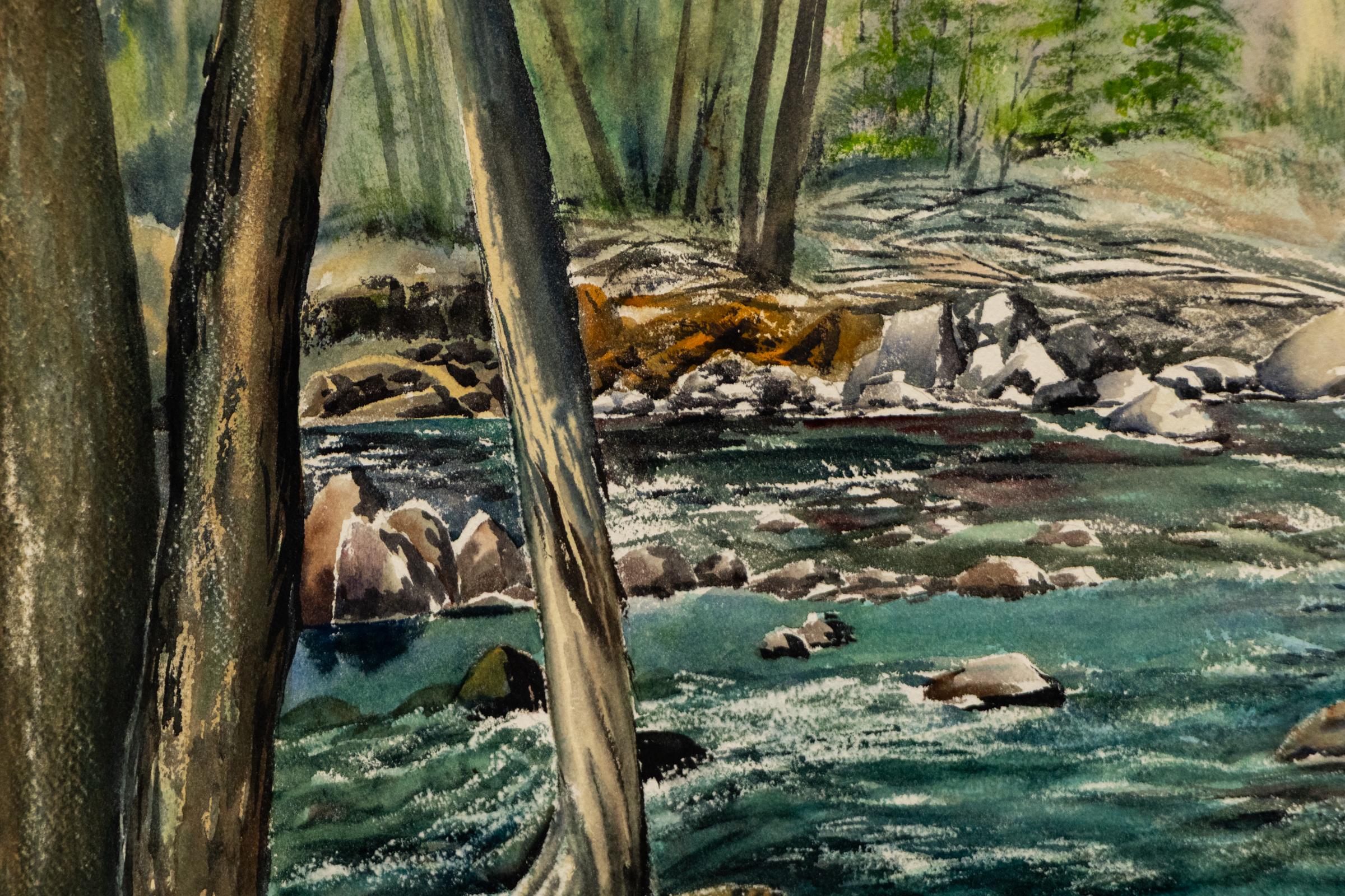Questo splendido acquerello originale di Mabel Feucht (1901-1992) cattura un paesaggio sereno del Colorado, caratterizzato da un ruscello che scorre dolcemente, alberi rigogliosi e formazioni rocciose naturali. L'eccezionale uso del colore, della