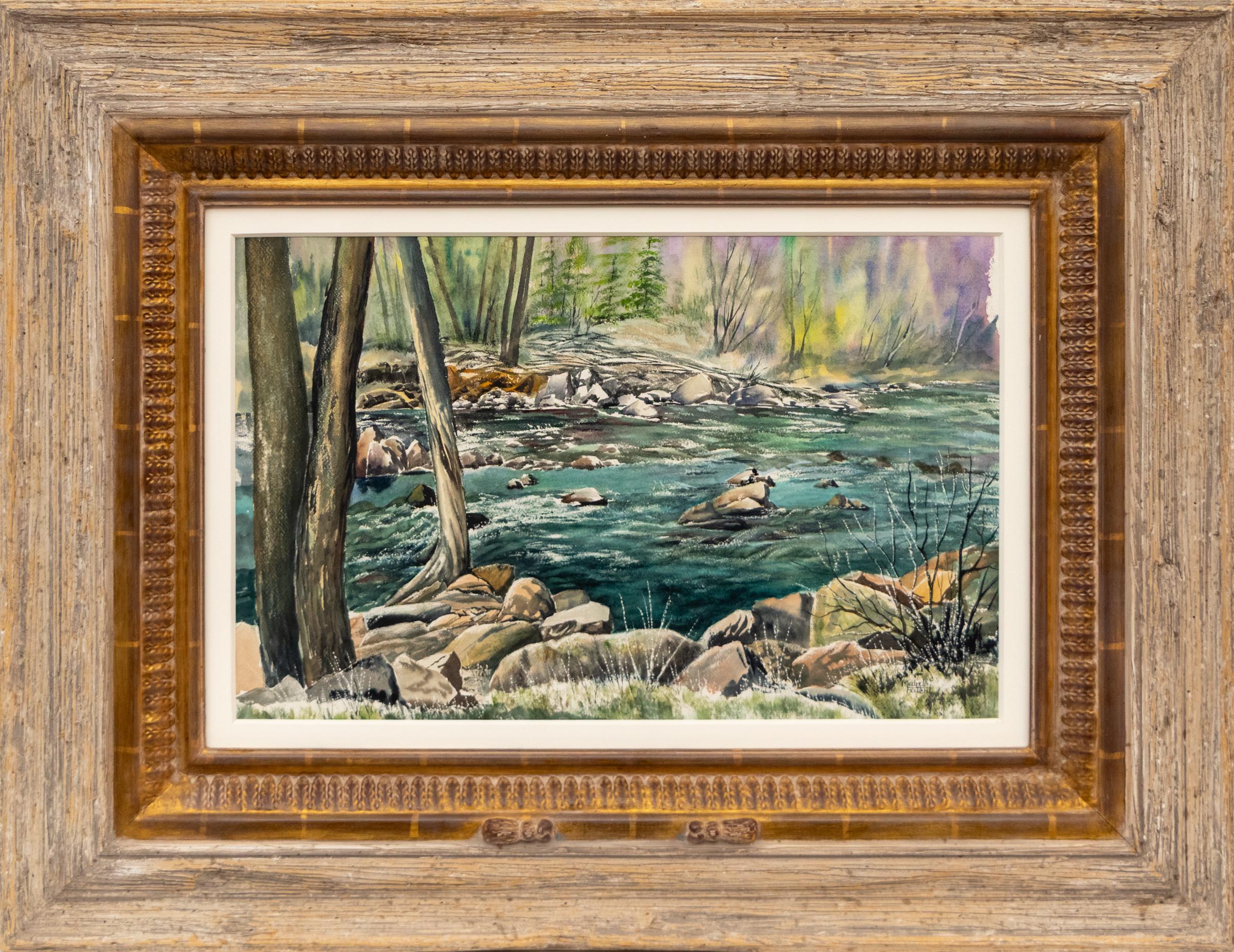 Acquerello paesaggistico del Colorado del XX secolo - Ruscello e alberi Pittura scenica - Art di Mabel Feucht