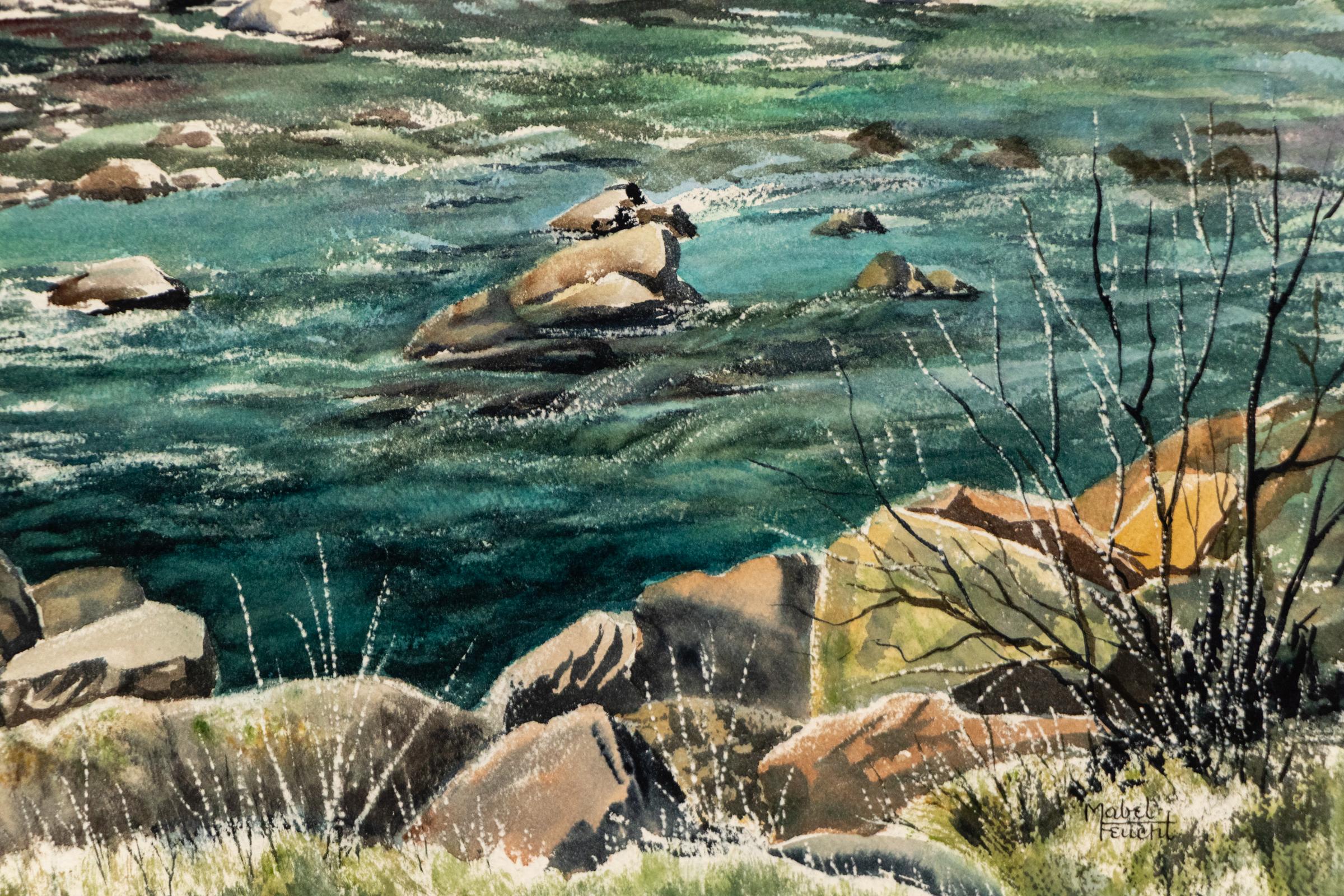 Acquerello paesaggistico del Colorado del XX secolo - Ruscello e alberi Pittura scenica - Landscape Art Grigio di Mabel Feucht