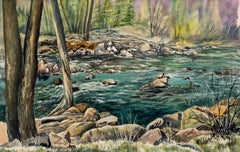 Acquerello paesaggistico del Colorado del XX secolo - Ruscello e alberi Pittura scenica