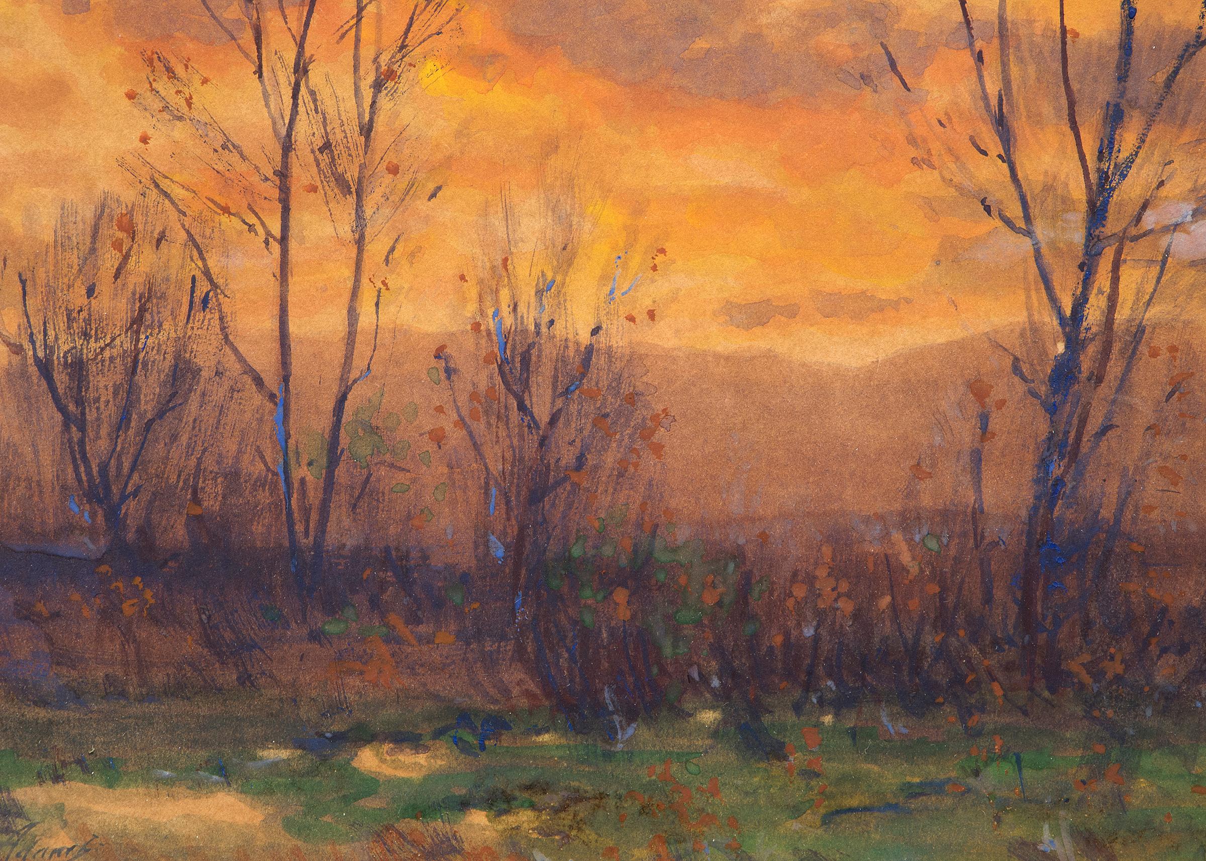 Original signed framed vintage landscape painting by Charles Partridge Adams (1858-1942) of a Sunset along the Front Range of Colorado (near Denver) with bare trees, a creek and prairie in the foreground and the Rocky Mountains in the background in