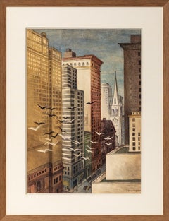 1939 Watercolor Cityscape “When the Bells Chime” by Ethel Magafan, Historic NYC