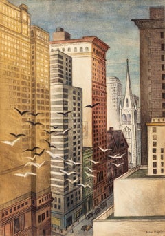 Ethel Magafan "Cuando repican las campanas" 1939 Acuarela de Nueva York, paisaje urbano
