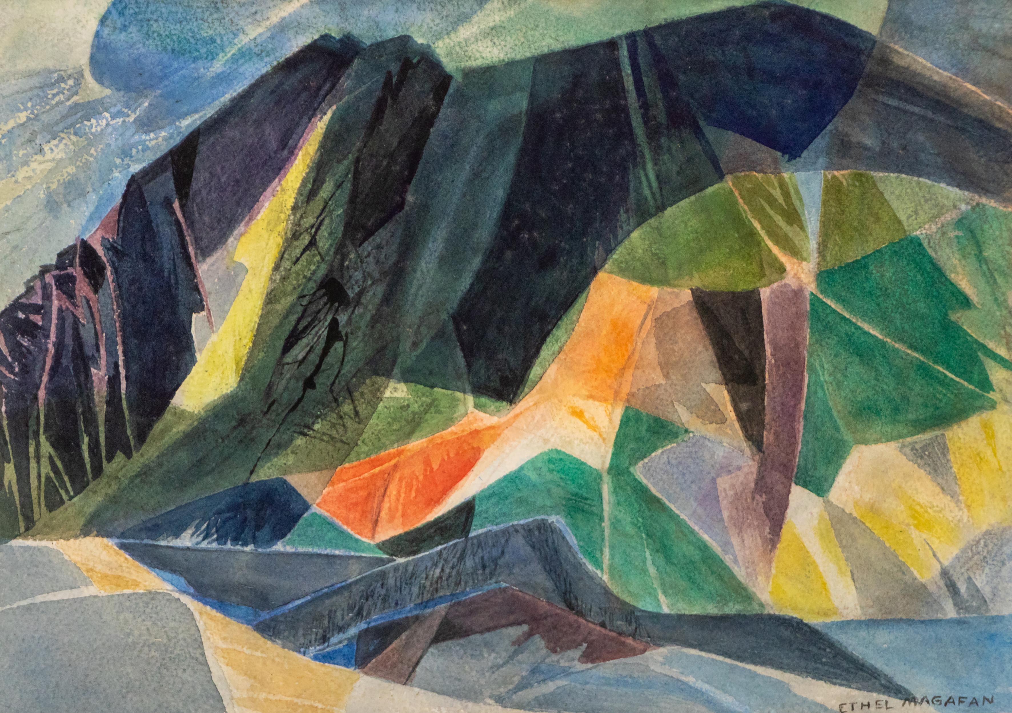 Ethel Magafan Abstract Mountain Watercolor, 1970s Colorado Landscape