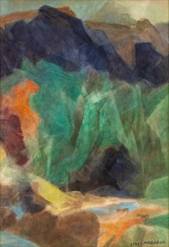 Ethel Magafan Aquarelle Chevaux au bord d'un ruisseau, paysage régionaliste du Colorado