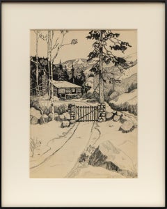 Colorado Cabin Scene 1931 Ink Resist by Beulah Beardsley
