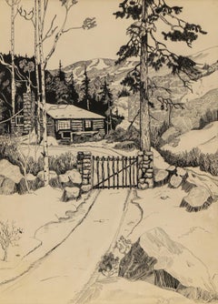 Escena de una cabaña en Colorado 1931 Ink Resist by Beulah Beardsley
