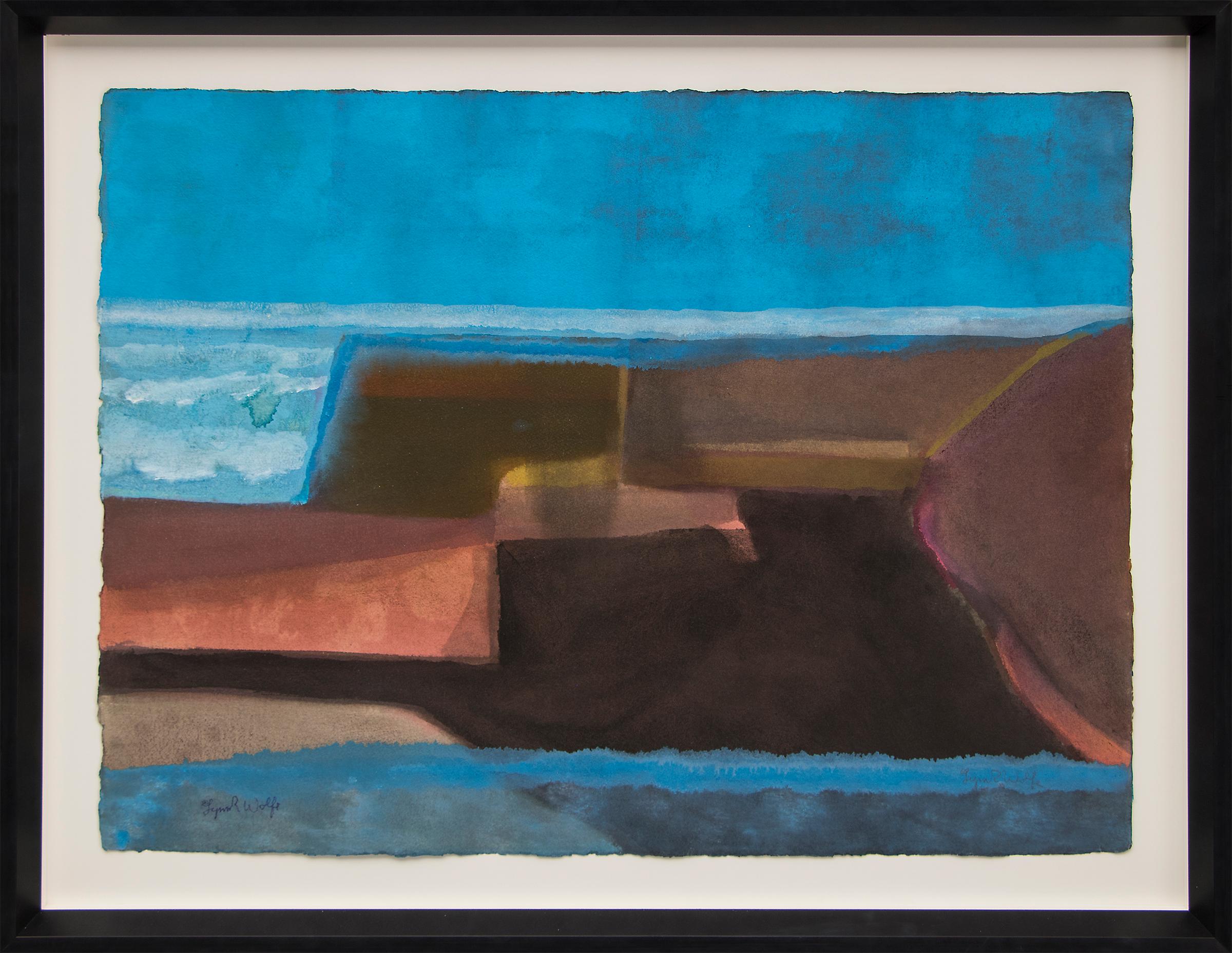 Original abstract painting by 20th century Colorado artist, Lynn Wolfe (1917-2019).  Abstract composition in painted with watercolor in colors of blue, brown, reddish/pink-purple, and yellow. Presented in a custom hardwood frame with all archival