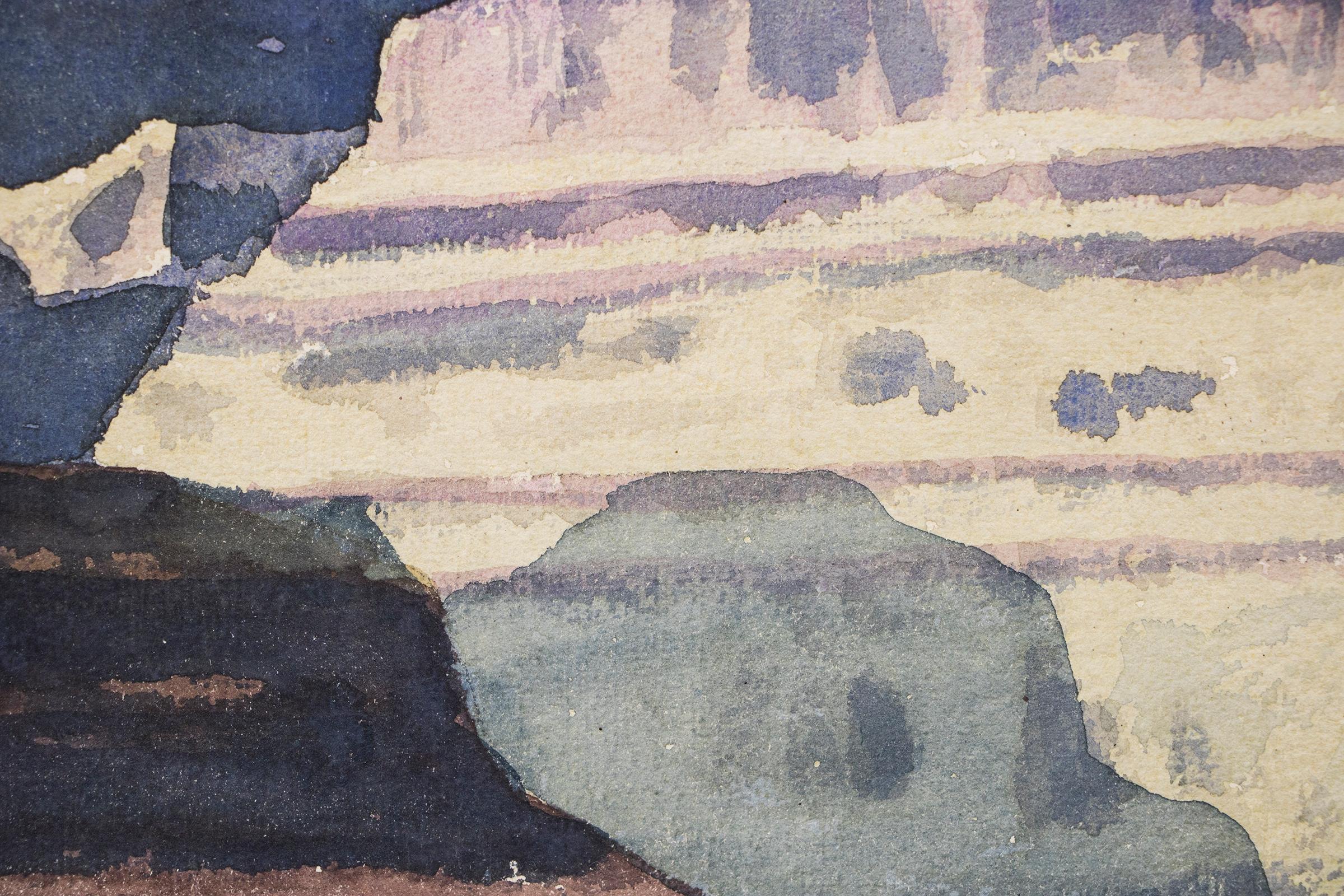 Majestic Moonlight, vintage 1940s modernist southwestern landscape with a moon over buttes and canyons, original watercolor painting by Taos artist, Emil Bisttram (1895-1976).  Painted in evening colors of blue, white, purple, brown and golden