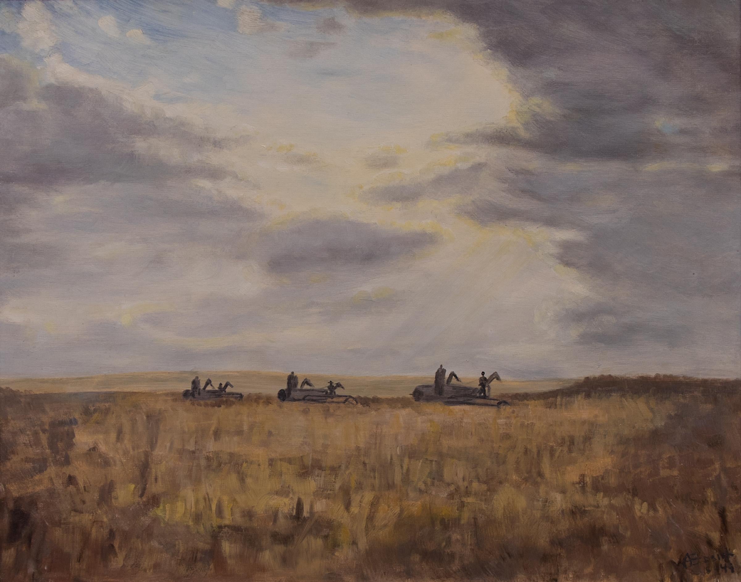 Weizenernte in Colorado, Amerikanische Szene Landschaft Ölgemälde, Brown, Gray – Painting von Anna Essick