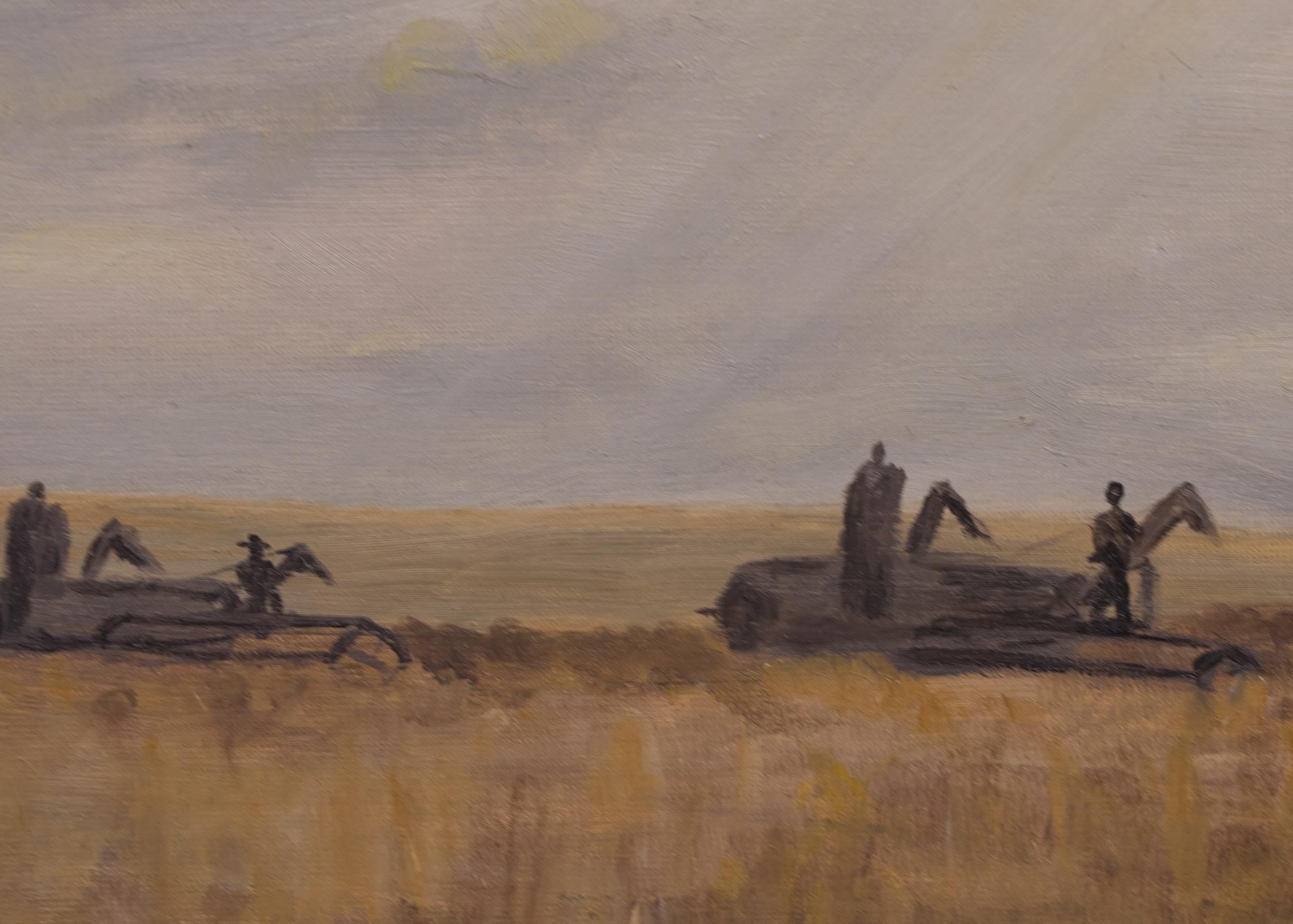Harvesting Wheat in Colorado, American Scene Landscape Oil Painting, Brown, Gray - Black Figurative Painting by Anna Essick