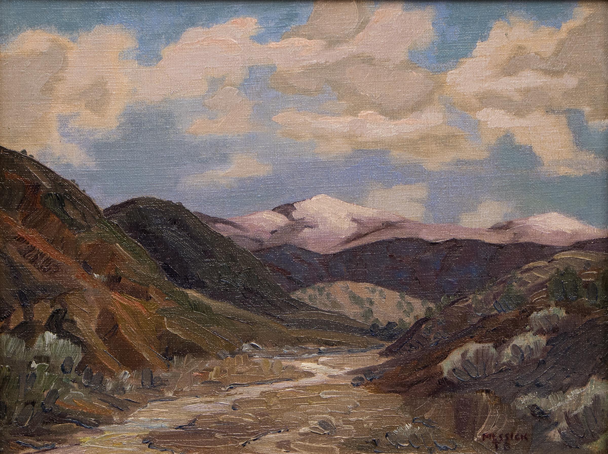 1940s Western Mountain Landscape Oil Painting - Picos nevados, Oeste americano - Landscape Painting Marrón de Turner Messick
