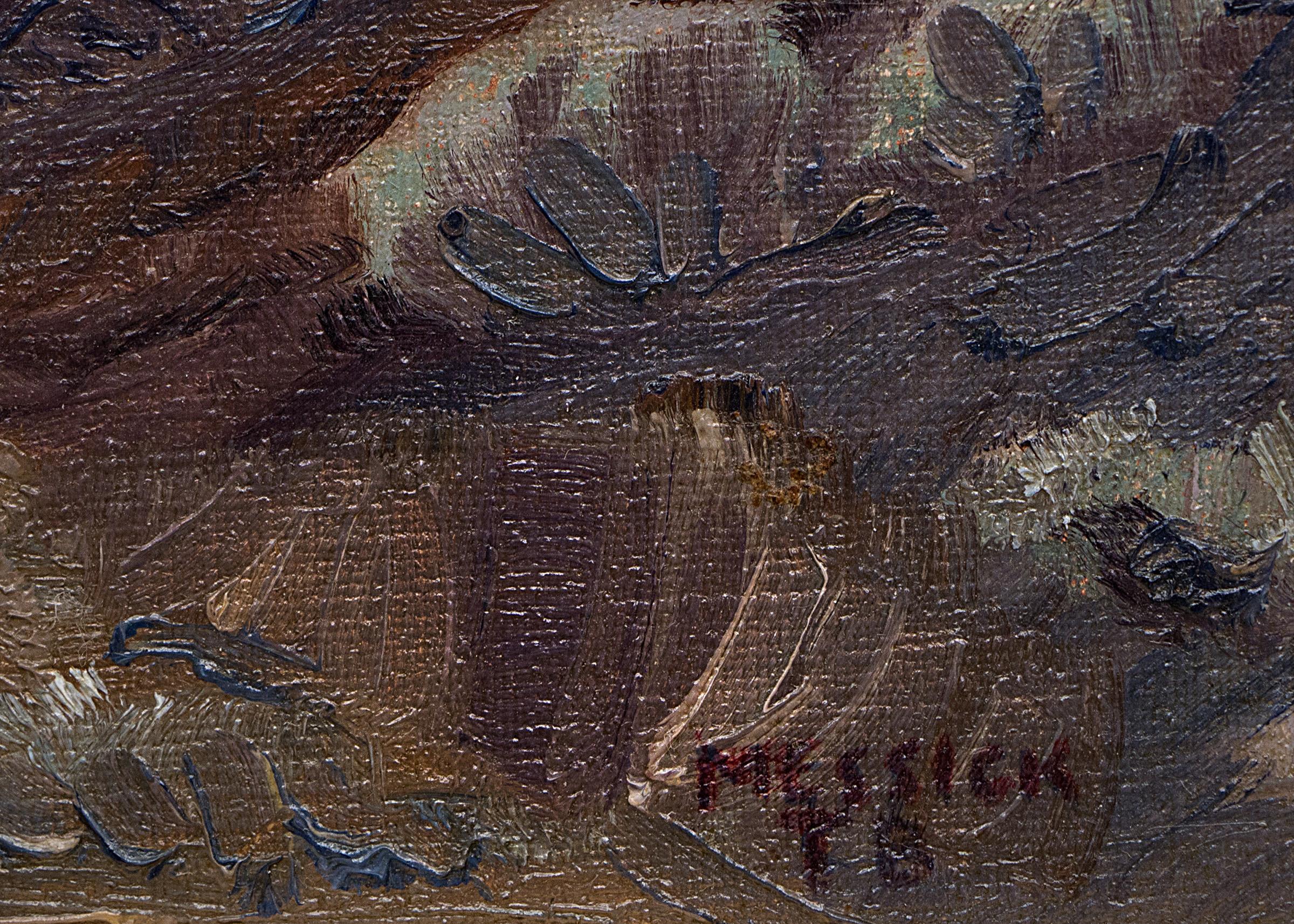 Este óleo original de Turner B. Messick (1878-1952) capta un sereno paisaje montañoso del Oeste, probablemente ambientado en California o Colorado, pintado durante la década de 1940. La escena muestra majestuosos picos nevados bajo un cielo azul