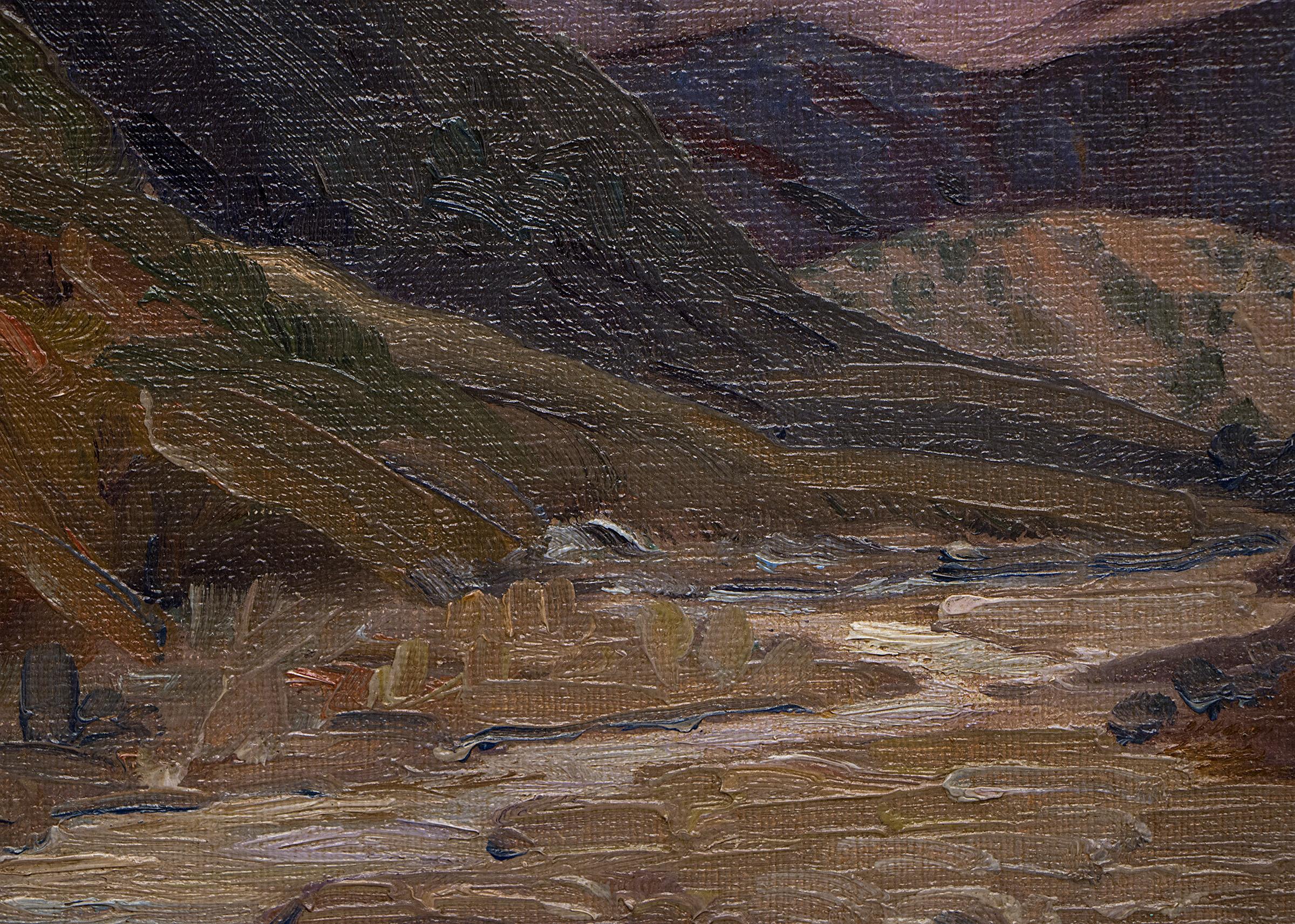 1940s Western Mountain Landscape Oil Painting - Picos nevados, Oeste americano en venta 4