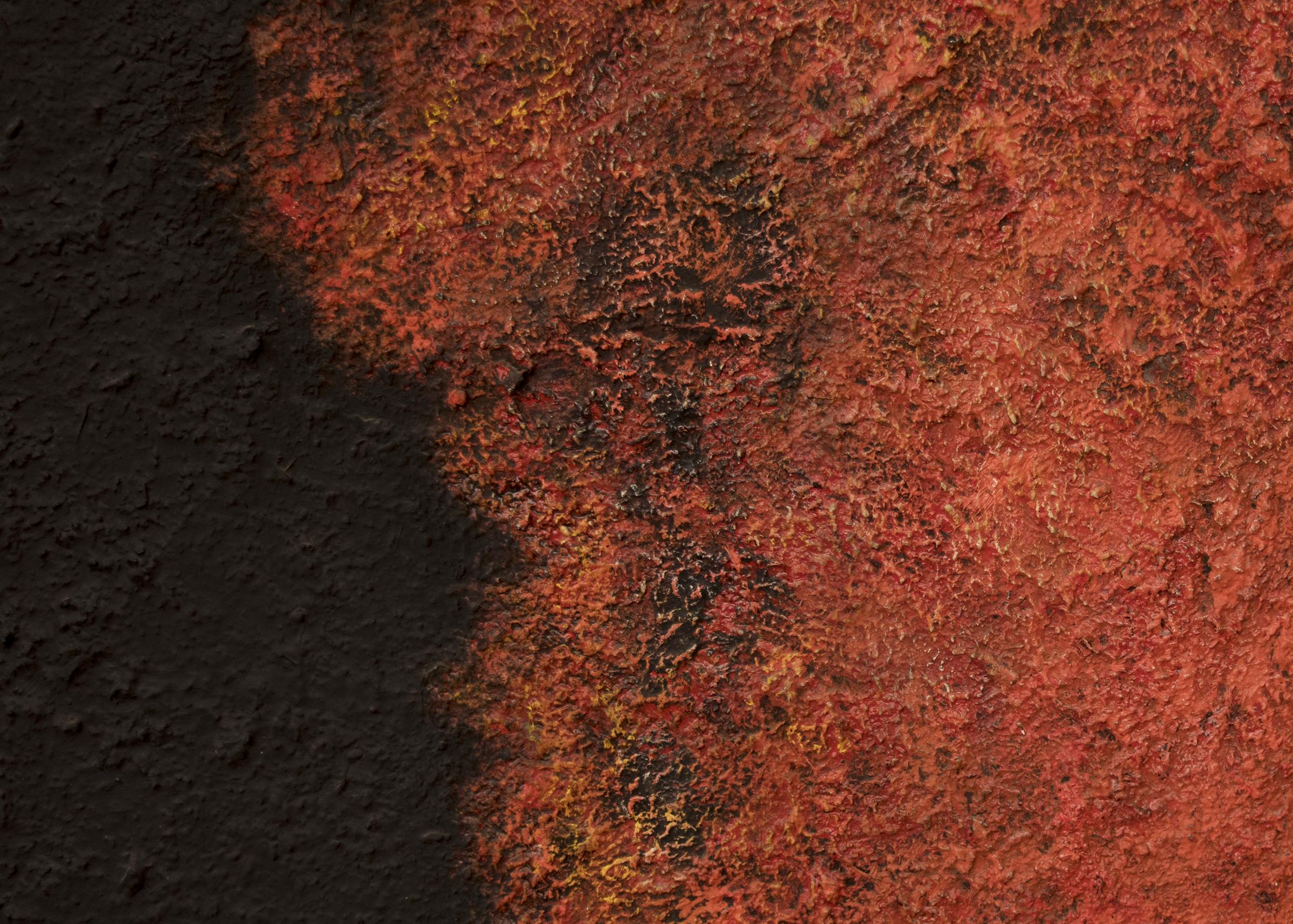 Abstraktes Vintage-Gemälde der Mid-Century Modern-Künstlerin Ruth Todd (1909-2006) aus Denver:: Vintage 1961. „Evolution of the Gods“ ist ein Ölgemälde in Schwarz:: Rot und Weiß:: das in dem originalen Vintage-Rahmen präsentiert wird:: dessen
