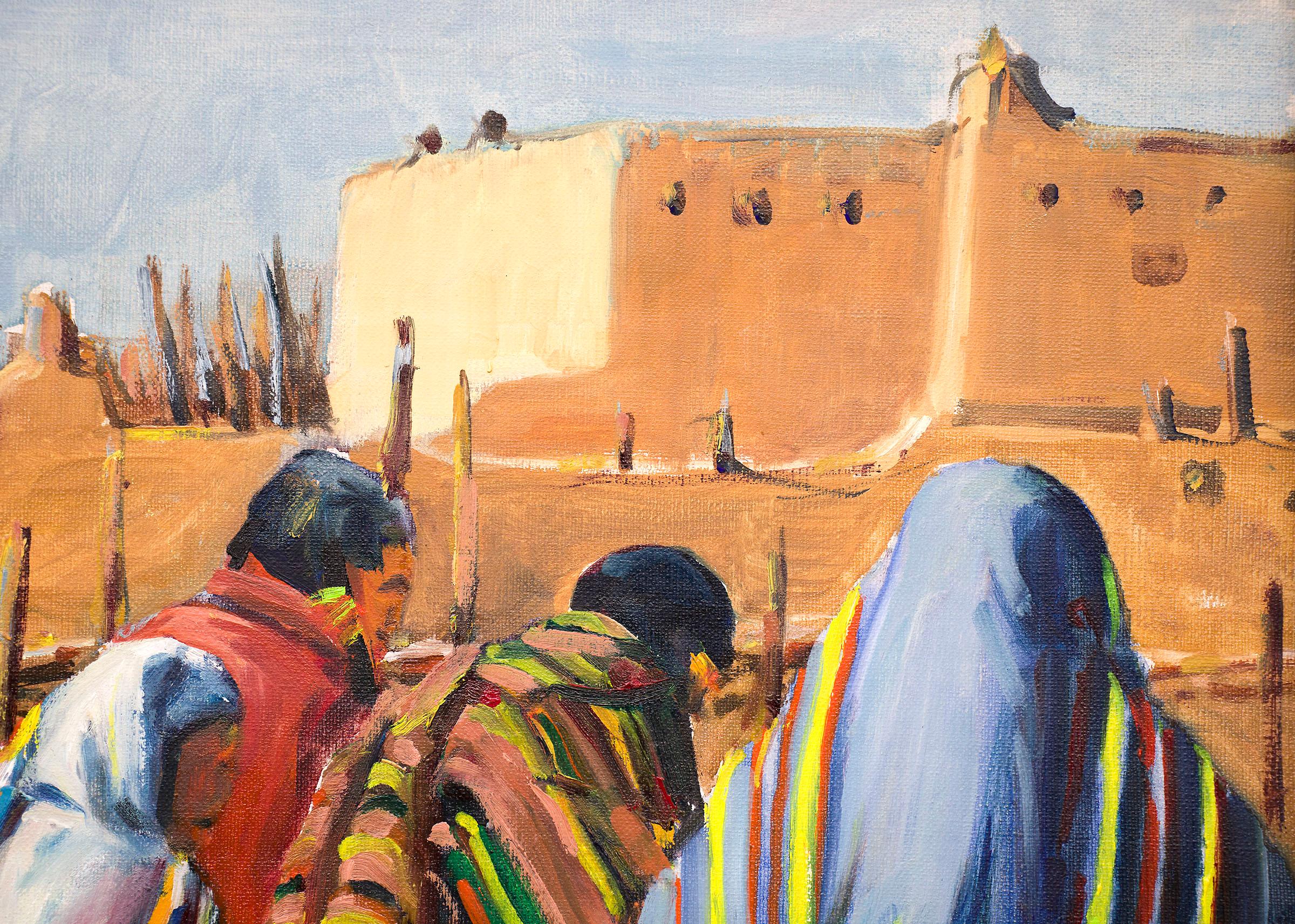 Ölgemälde Indigene Kunst der amerikanischen Ureinwohner in Taos Pueblo, New Mexico, Südwesten (Braun), Figurative Painting, von Wolfgang Pogzeba