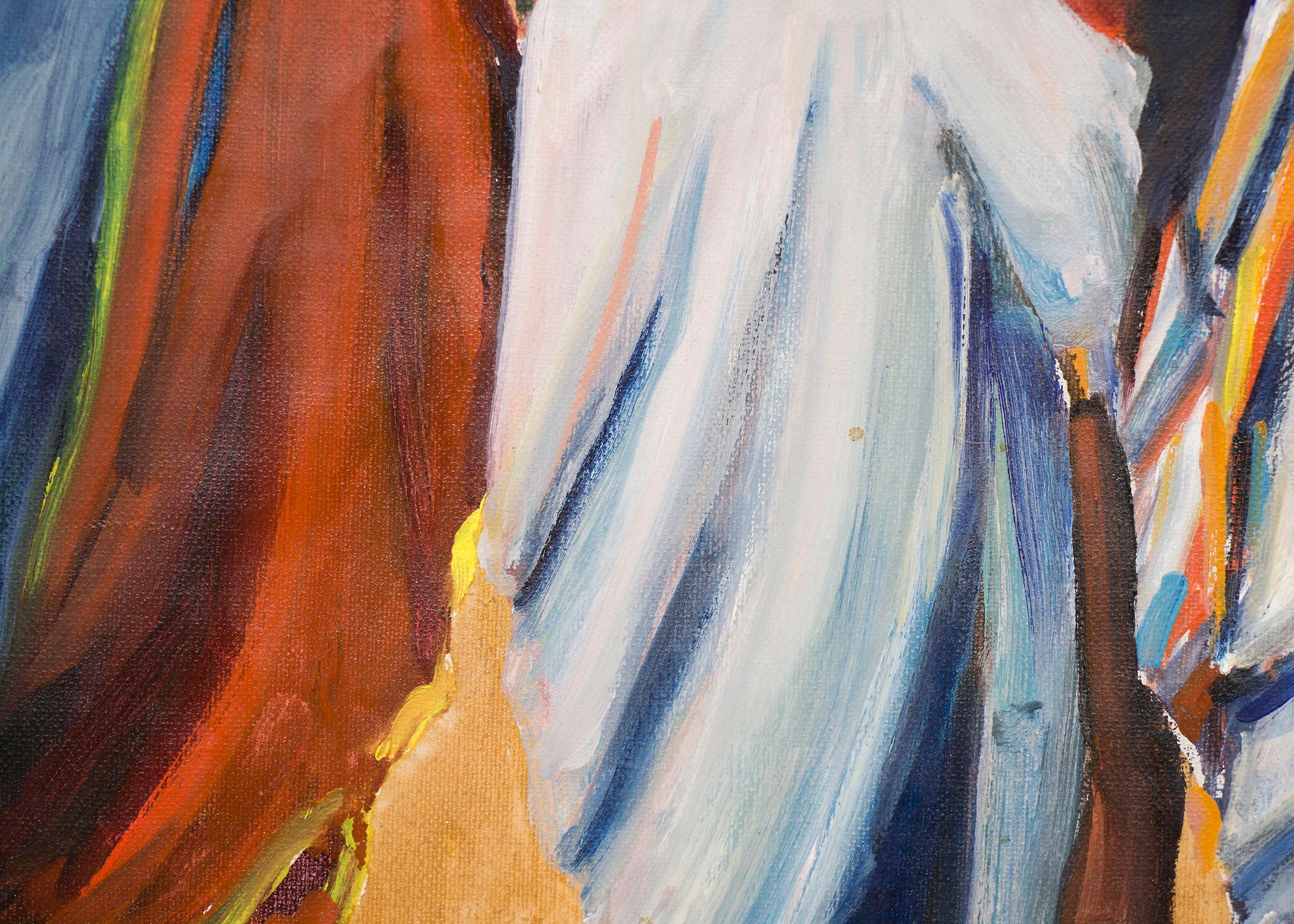 Peinture à l'huile originale du 20e siècle de Wolfgang Pogzeba (1936-1982) représentant des personnages amérindiens debout dans des couvertures lumineuses avec des bâtiments en adobe en arrière-plan à Taos Pueblo, au Nouveau-Mexique.   Présenté dans