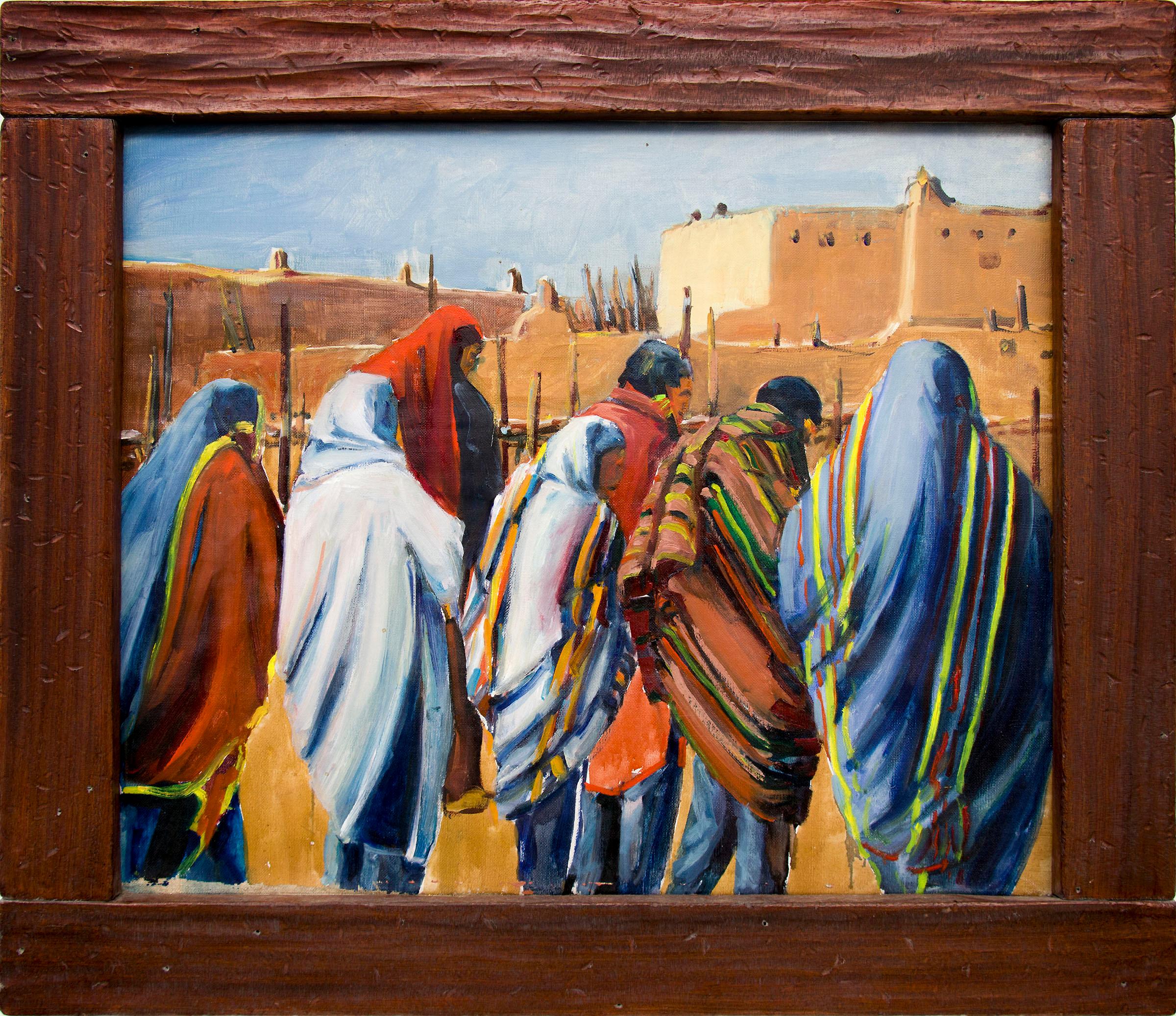 Native American Figures at Taos Pueblo, New Mexico Southwestern Oil Painting