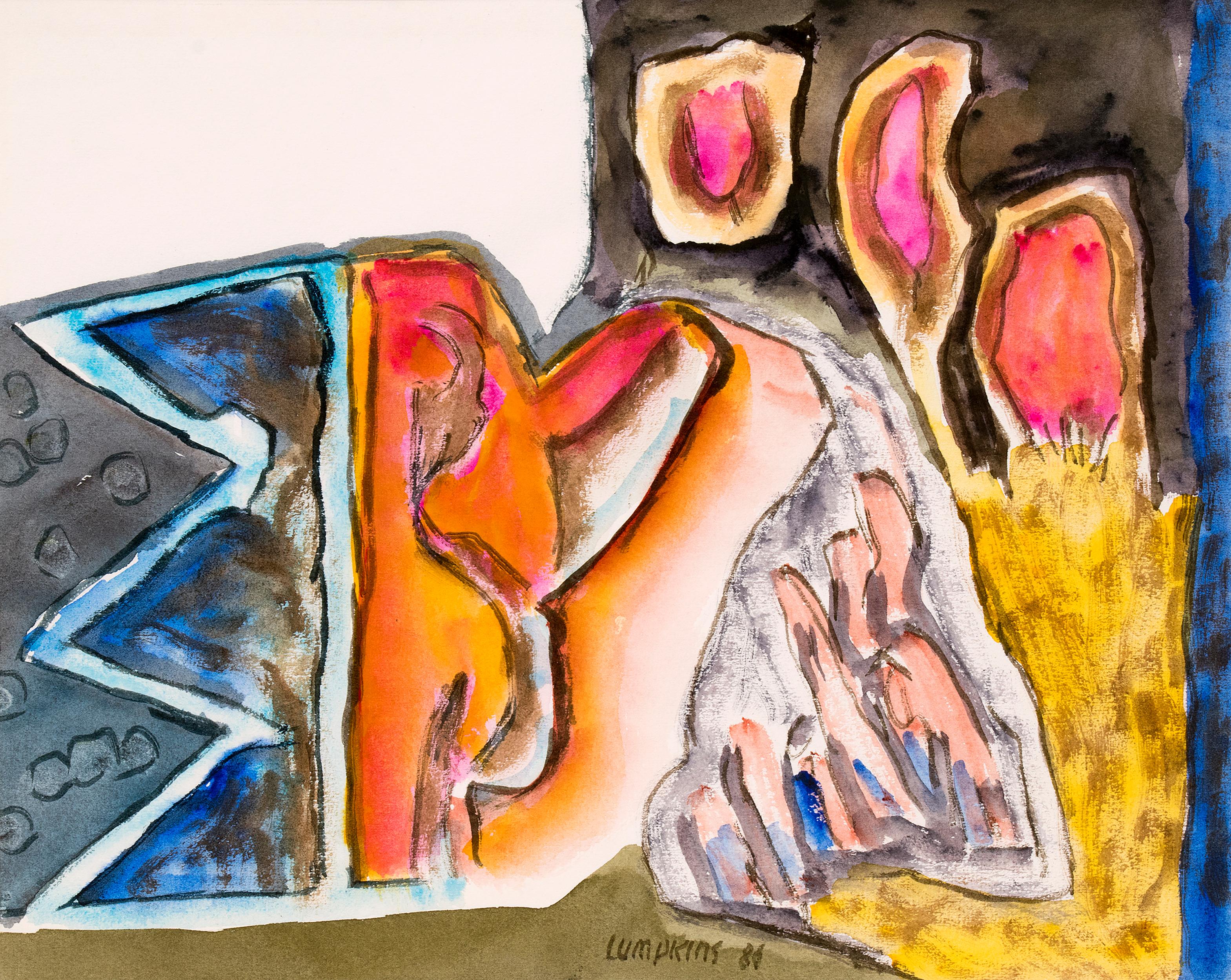 1980er Jahre Abstraktes Aquarell - Künstler aus New Mexico, leuchtendes Orange, Blau & Gelb