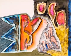 Aquarelle abstraite des années 1980 - Artistics New Mexico, Vibrant Orange, Blue & Yellow