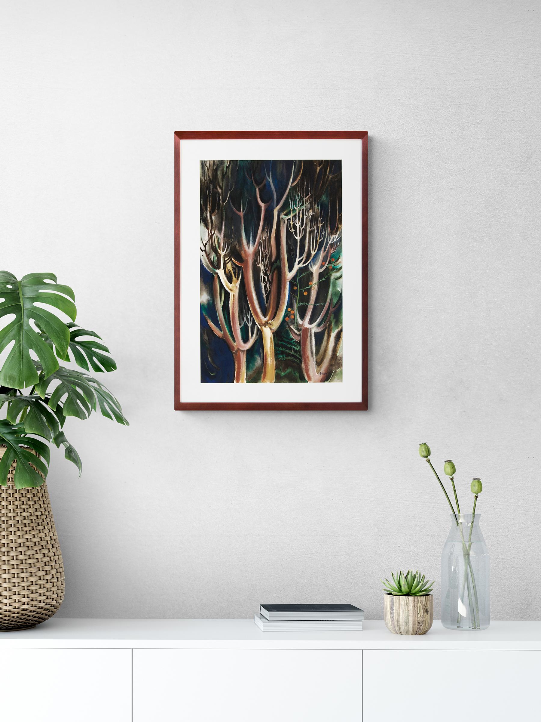 Modernist Trees, 1940s Framed Modernist Landscape Watercolor Painting, Red Green - Art by Richard Sorby