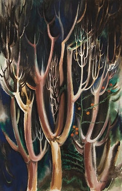 Pittura ad acquerello Modernista degli anni '40 con alberi, paesaggio verticale con tonalità della terra incorniciato