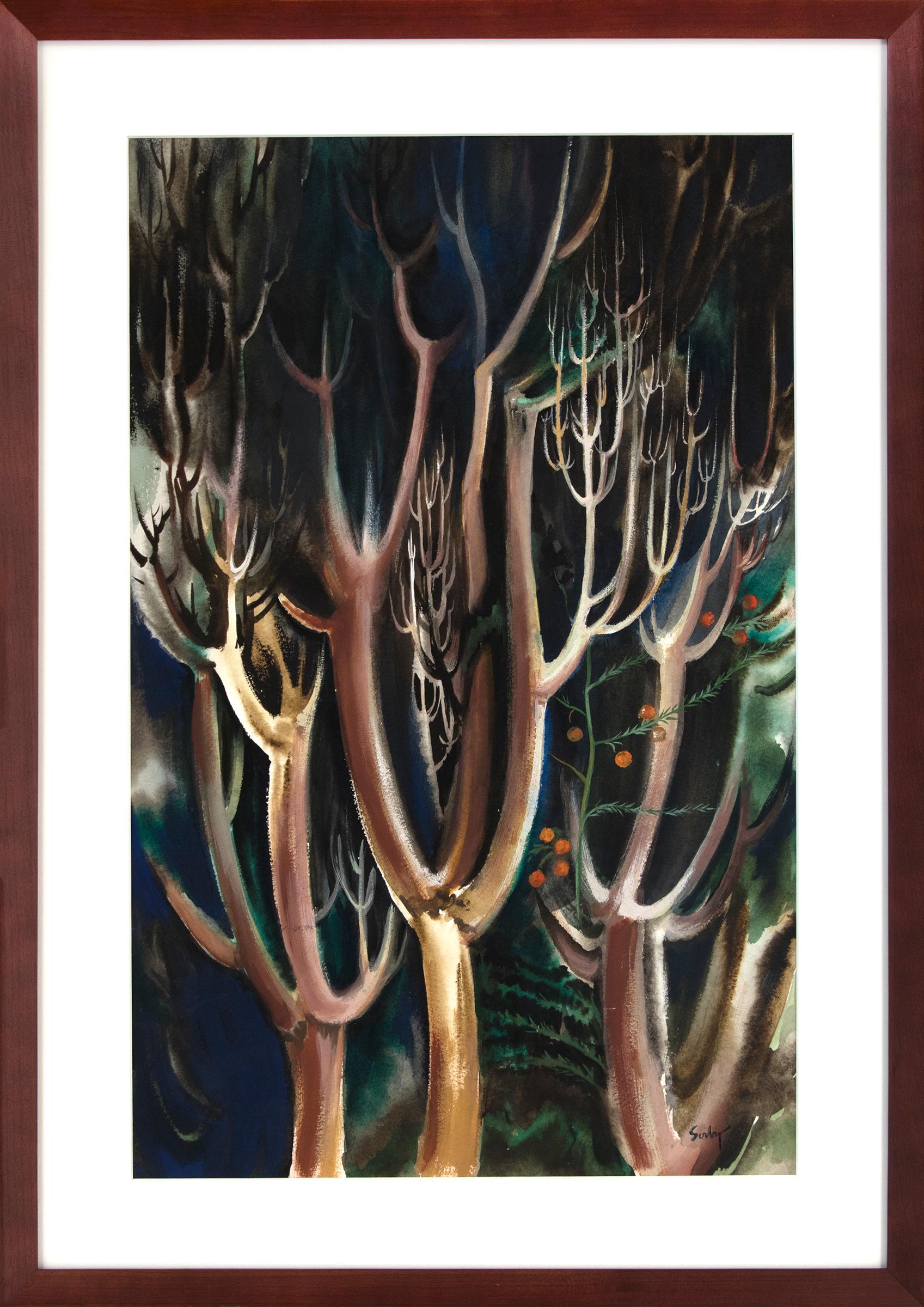 Peinture aquarelle moderniste des années 1940, encadrée, paysage de couleur terre verticale - Art de Richard Sorby