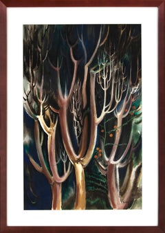 1940s Modernist Trees Watercolor Painting, Framed Vertical Earth Tone Landscape