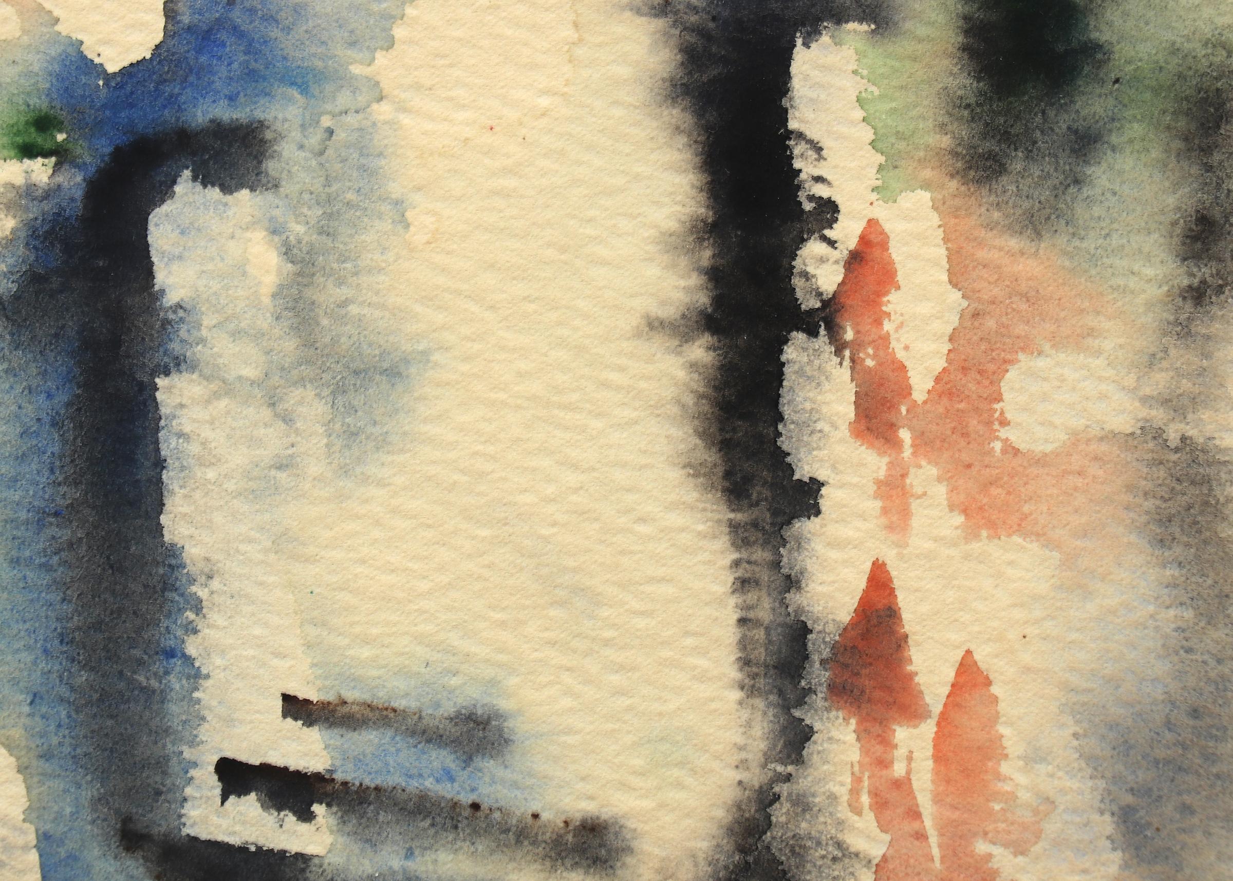 Peinture expressionniste abstraite à l'aquarelle de bleu, noir, orange et vert signée par Charles Ragland Bunnell (1897-1968). Présenté dans un cadre personnalisé avec tous les matériaux d'archivage et un verre anti-UV, les dimensions extérieures