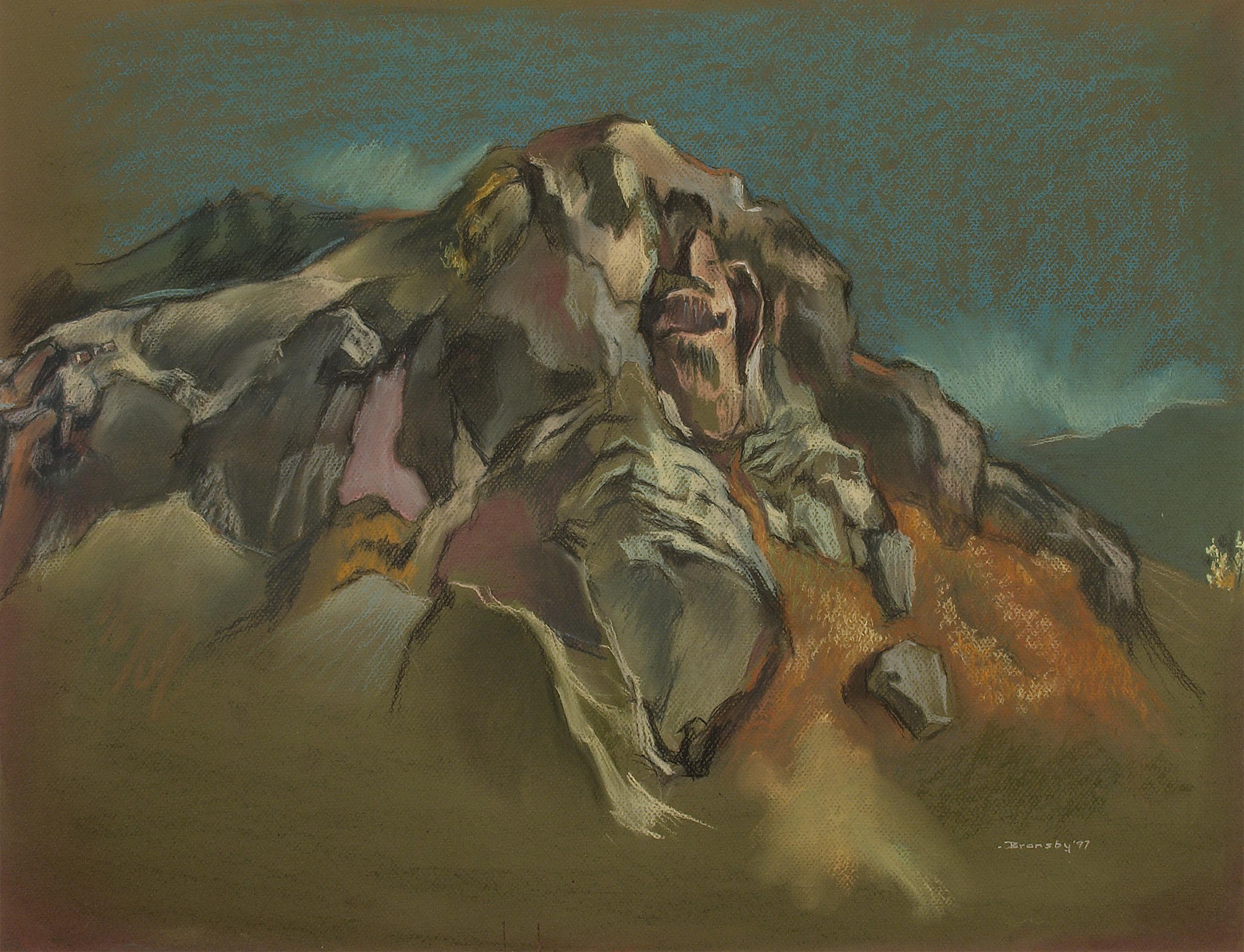 Landscape Art de Eric Bransby - El acantilado, paisaje abstracto de Colorado, dibujo al pastel modernista americano de la década de 1940