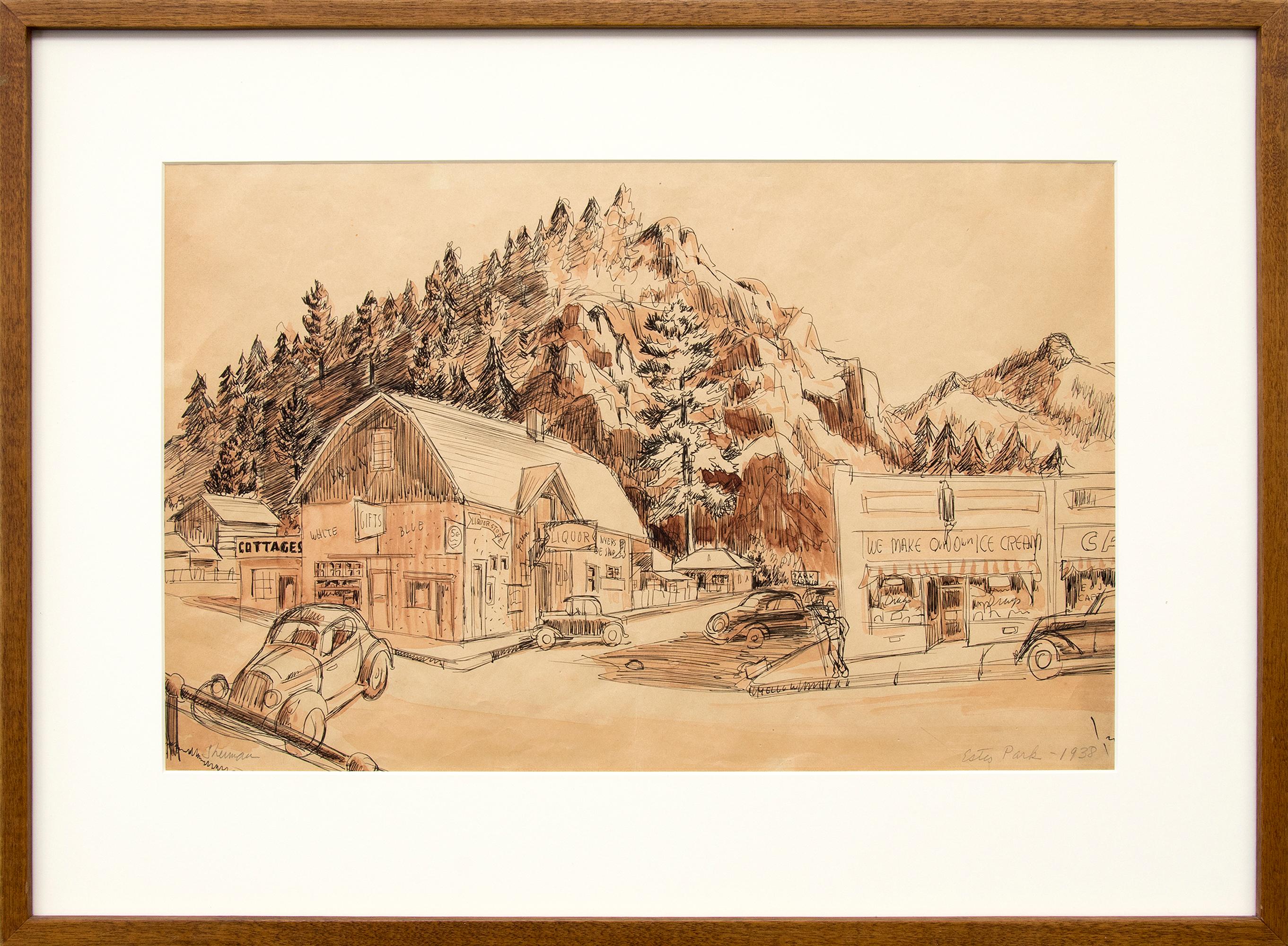 Estes Park Colorado aquarelle de paysage moderniste américaine, WPA, années 1930