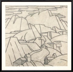 Mine in the Mountains, Colorado, Modernist Landscape Line Drawing, Black & White