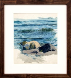 Waves and Rocks, California Coastal Landscape, 1920s Seascape Gouache Painting