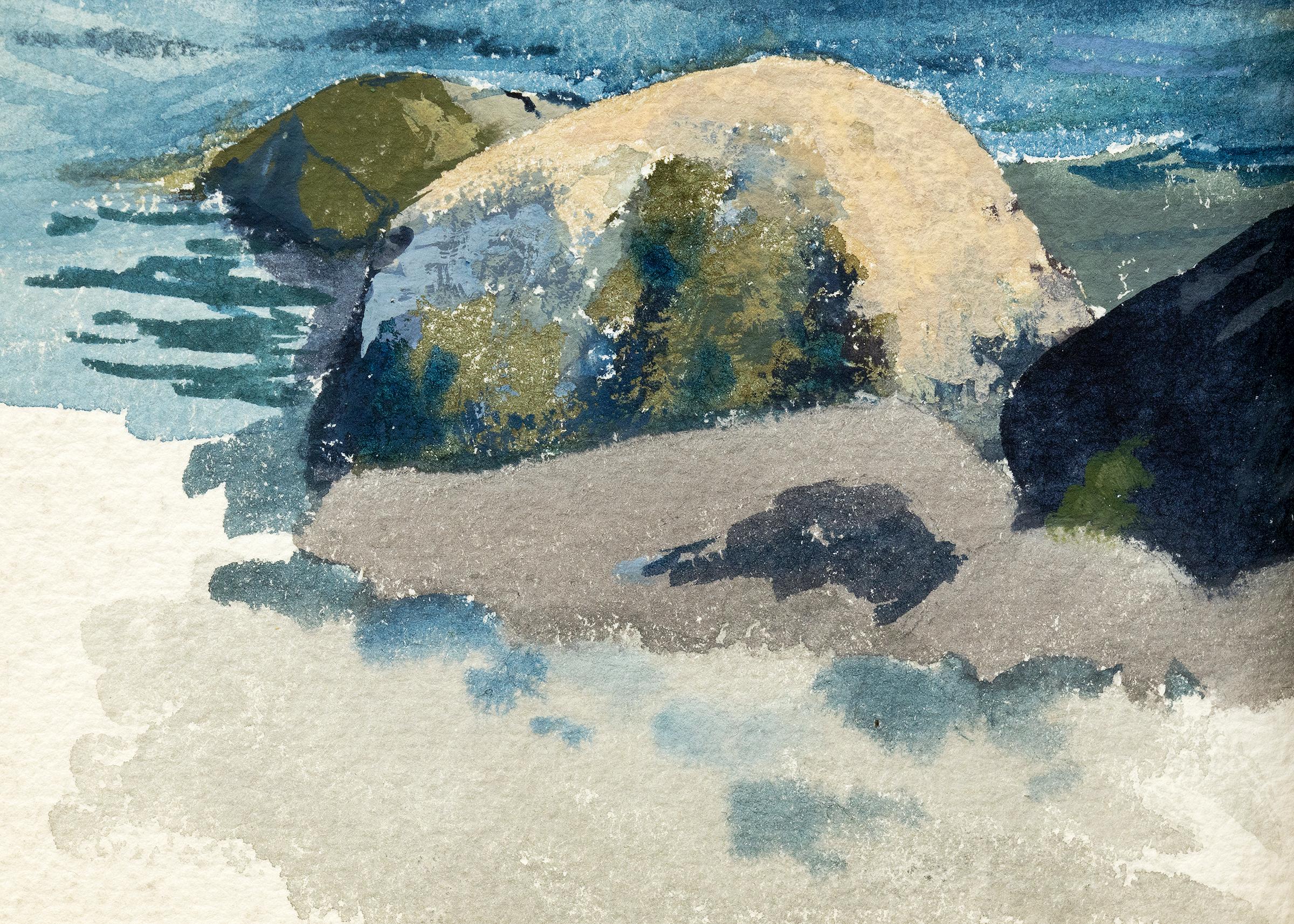 Marine Painting with waves and rocks on the California Coast, seascape by Charles Partridge Adams circa 1920. Watercolor and gouache on paper in colors of blue, gray and green, attributed to Charles Partridge Adams, copy of a letter of authenticity