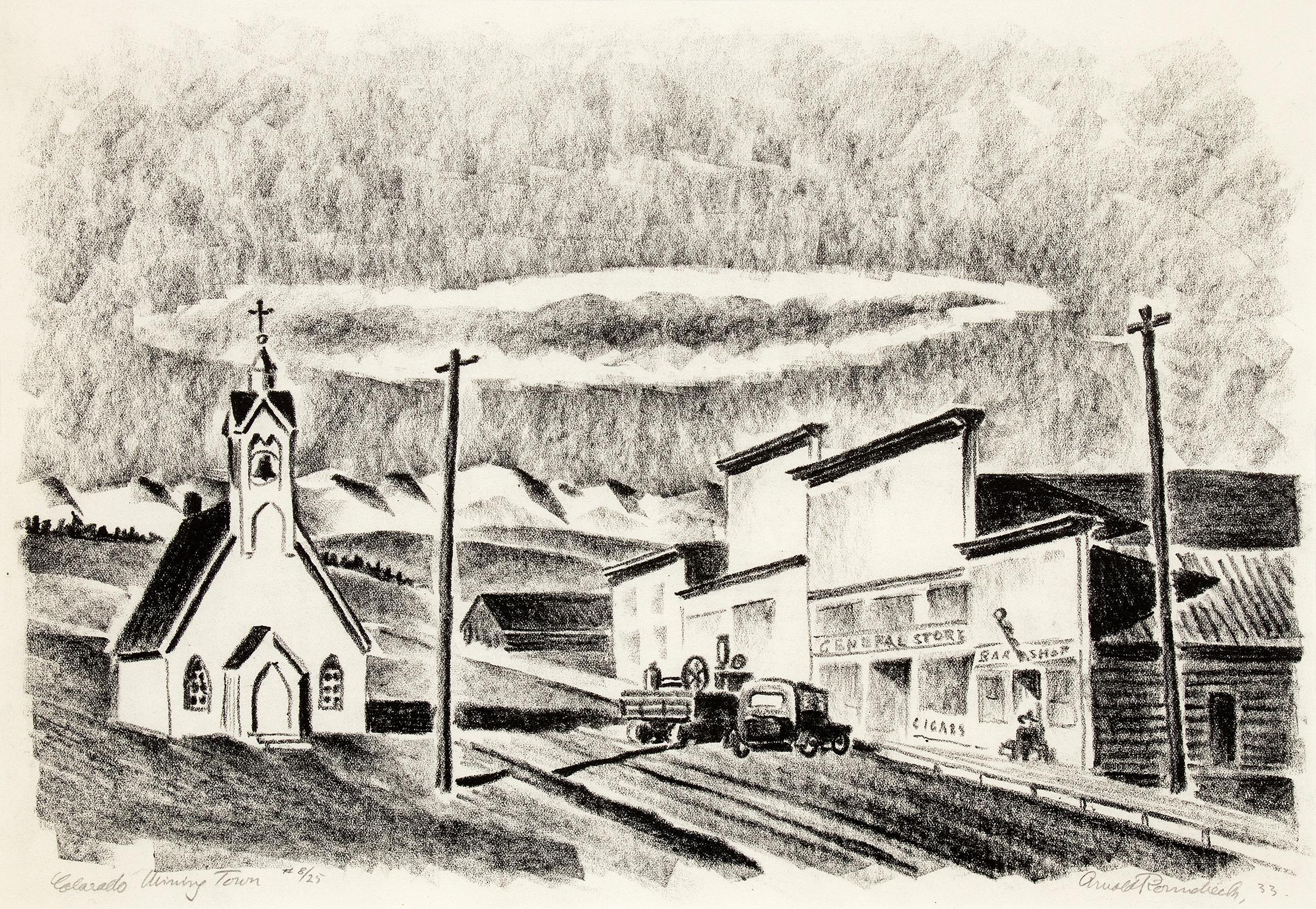 Colorado Mining Town, Fairplay, 1930s Mountain Landscape with Church - Print by Arnold Ronnebeck