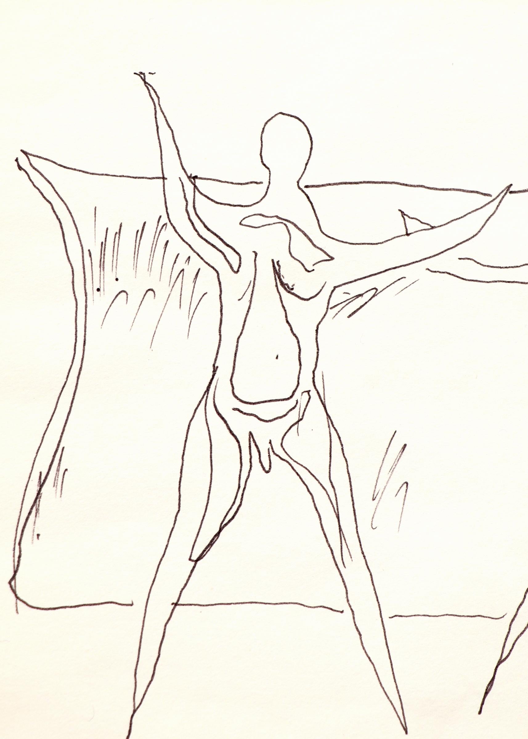 Disegno a inchiostro semi-astratto degli anni '70 - Due figure, arte moderna americana con penna nera - Art Astratto di Edgar Britton