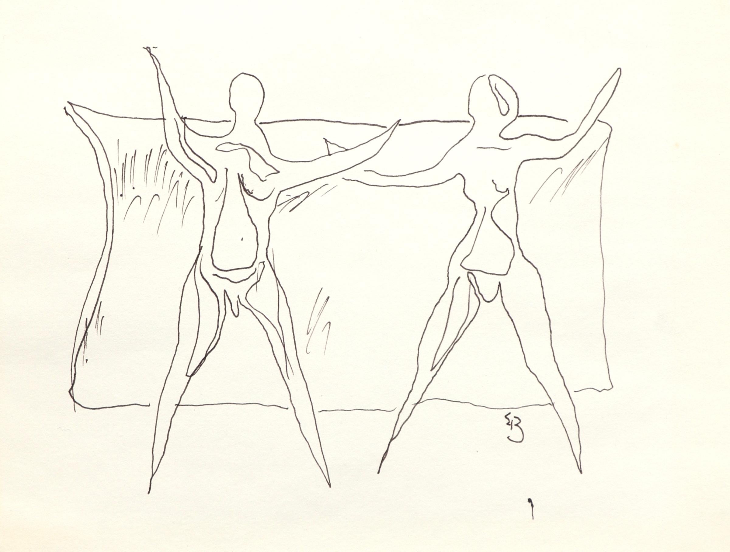 1970s Two Figures, Black Pen Ink Drawing , American Modern Semi-Abstract Figures - Art by Edgar Britton