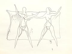 1970s Semi-Abstract Ink Drawing – Two Figures, American Modern Black Pen Art