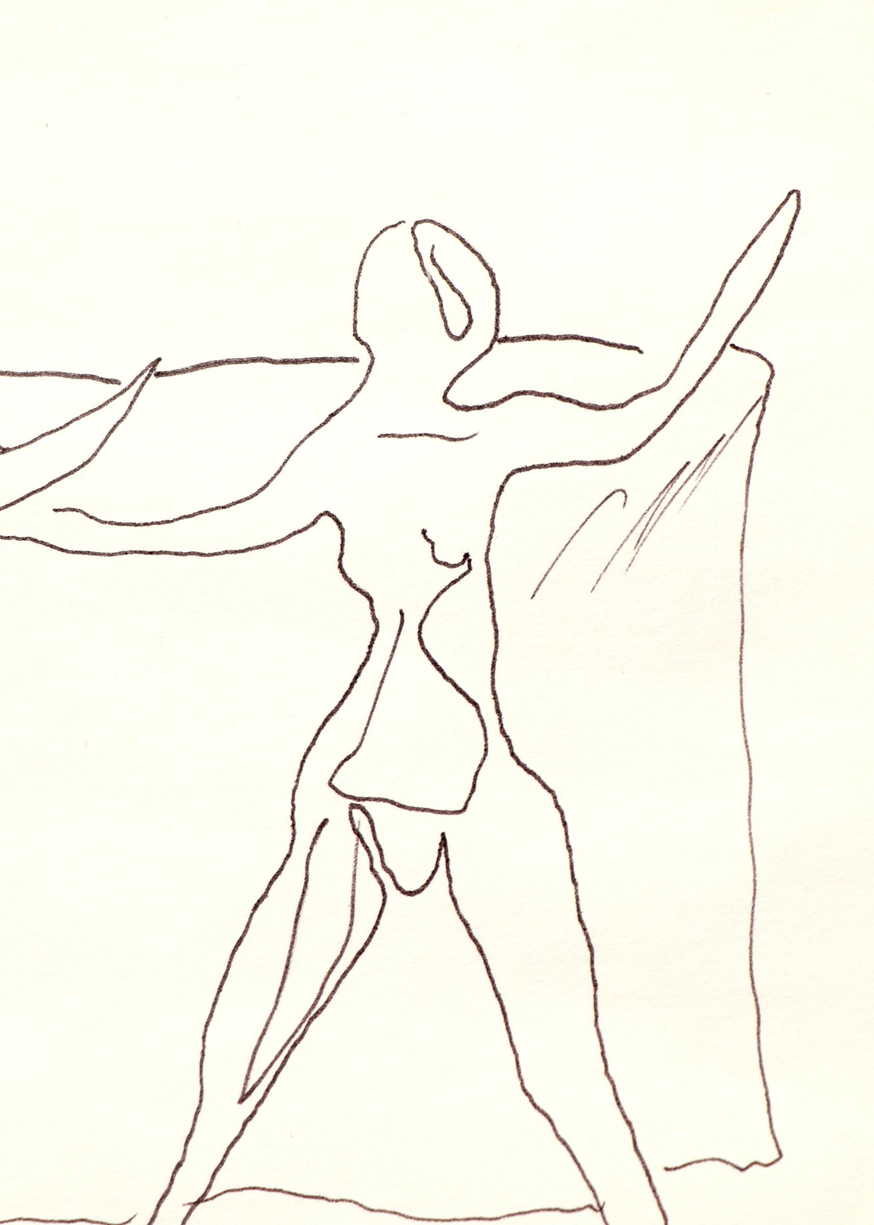 Untitled (Two Figures) ist eine Feder auf Papier Zeichnung von Edgar Britton (1901-1982). Die Außenmaße des in einem schwarzen Rahmen präsentierten Bildes betragen 13 ⅝ x 16 ⅝ x 1 Zoll. Das Bild ist 9 x 12 Zoll groß.

Die Zeichnung ist in sehr gutem