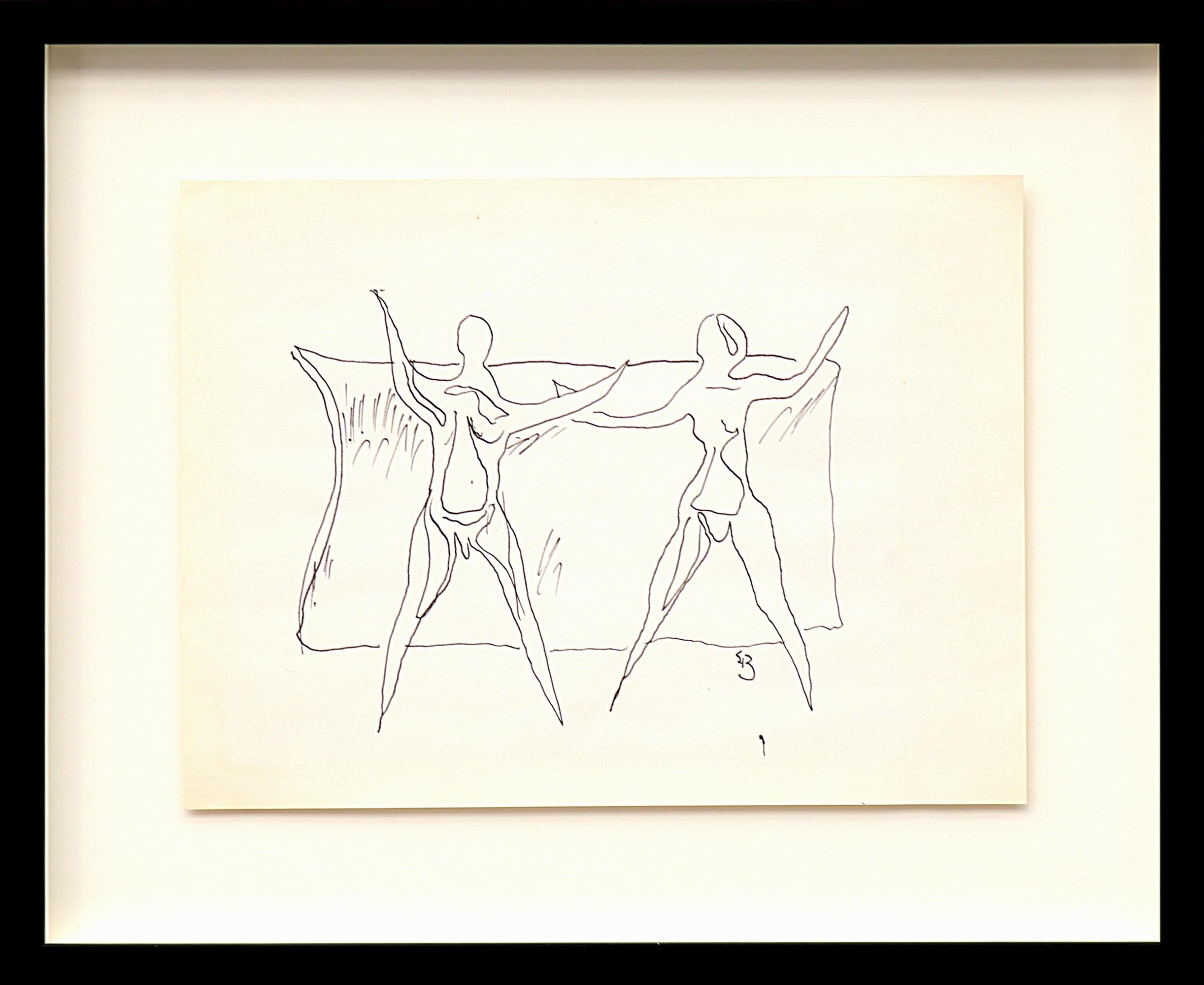 1970s Semi-Abstract Ink Drawing – Two Figures, American Modern Black Pen Art